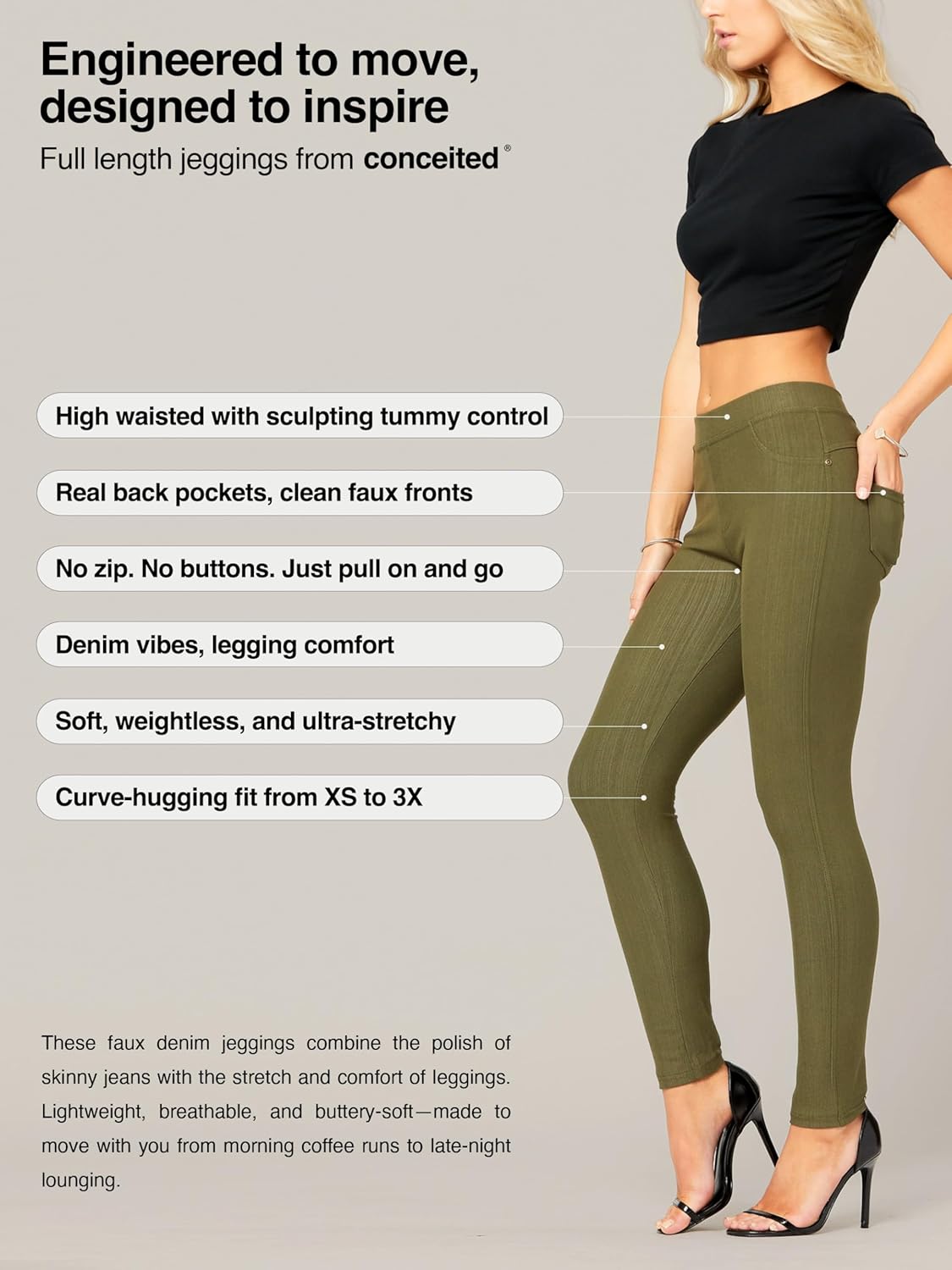 Conceited Jeggings for Women with Pockets - High Waist - Tummy Control Shaping - Regular and Plus Size - Image 3