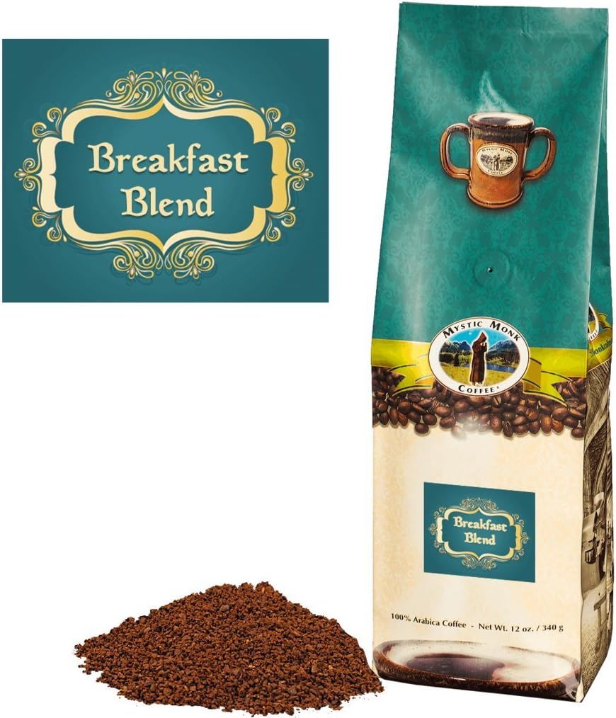 Mystic Monk CoffeeBreakfast Blend Ground Coffee (Medium Roast 100% Arabica Coffee) - 12oz