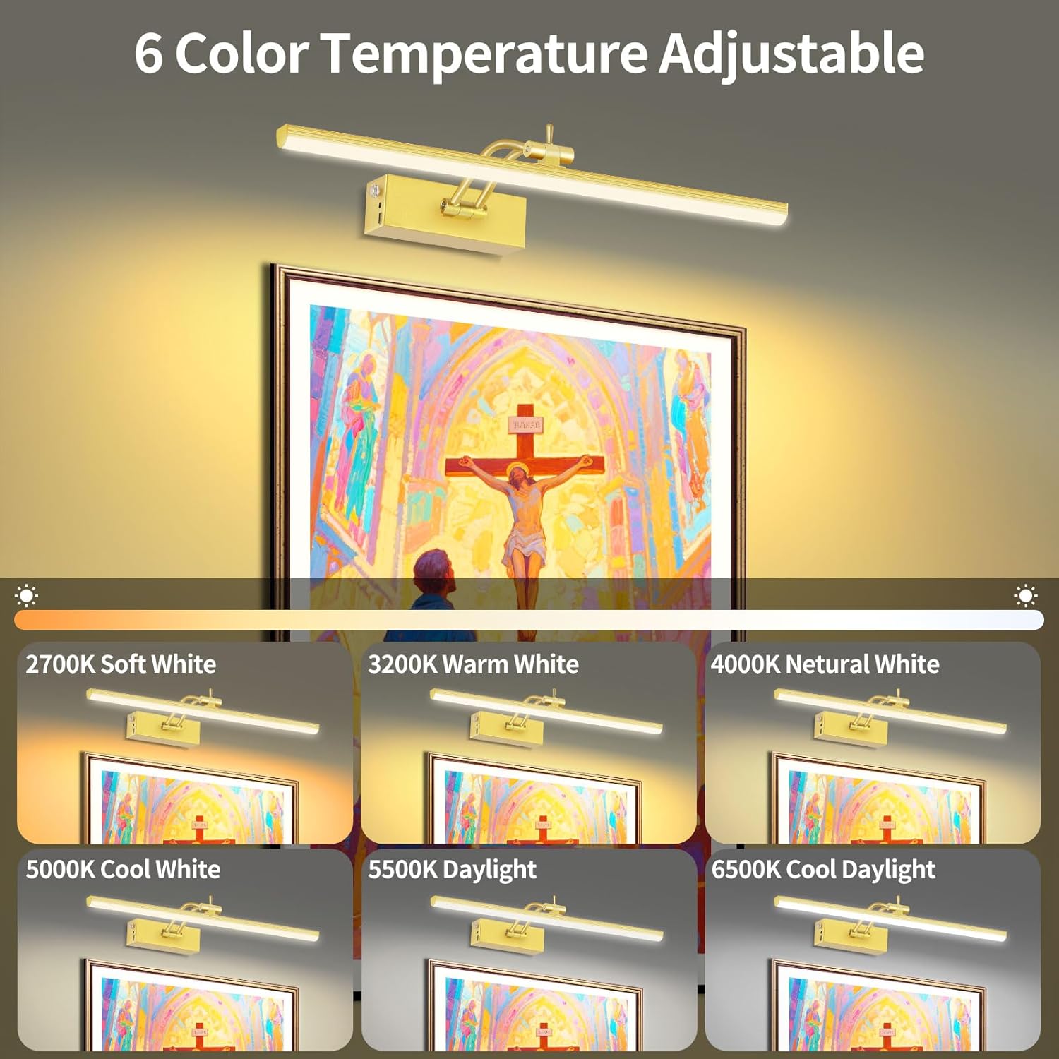 6 Colors Picture Lights for Wall, 16in Battery Operated Picture Light Rechargeable with Remote Timer, Dimmable Art Light for Wall Painting, Display, Gallery, 4 Pack (Gold)