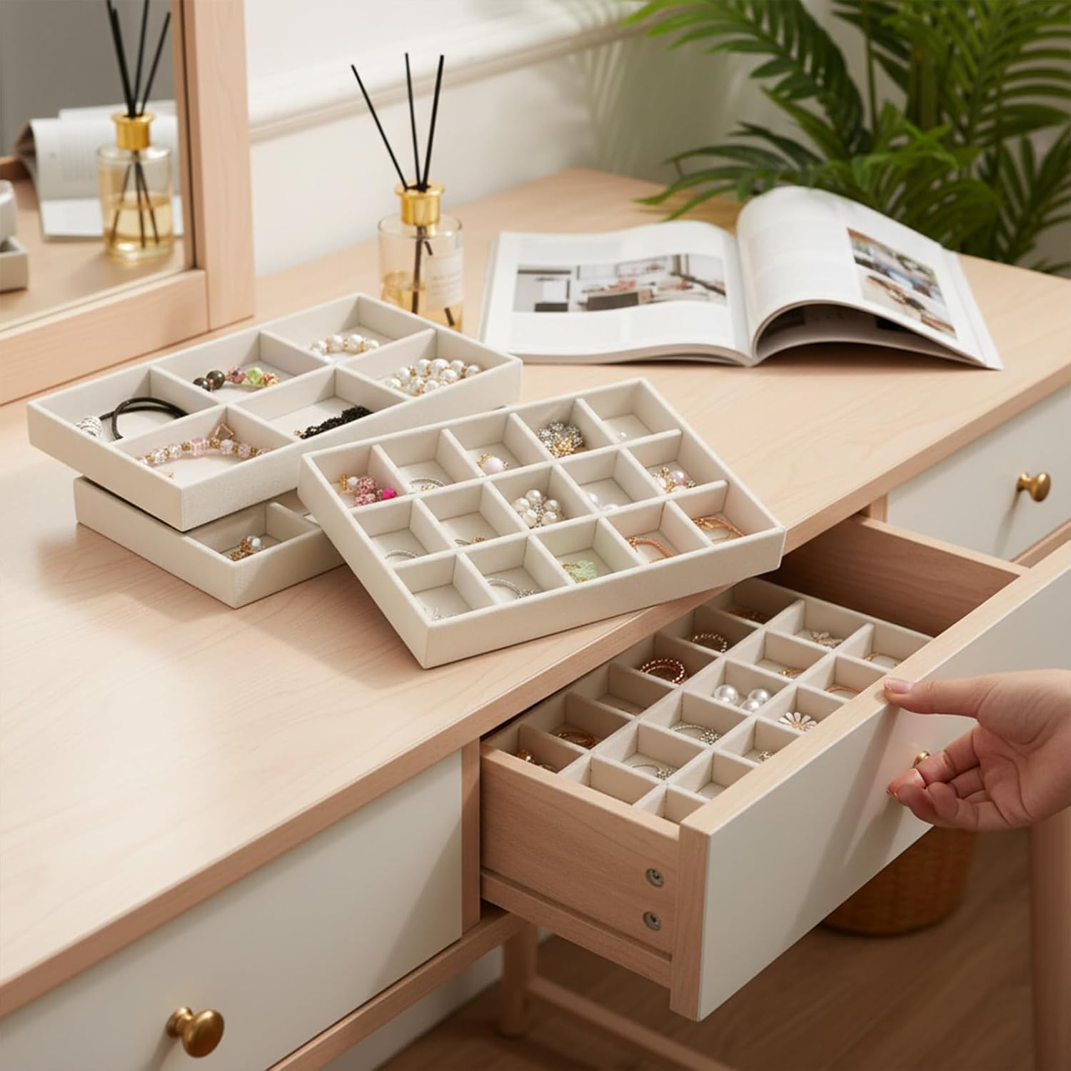 12 Pcs Stackable Jewelry Organizer Trays, Adjustable Velvet Jewelry Box Tray, Drawer Inserts Earring Organizer, Divided Earring Storage Containers, Ring Bracelet Display Case(Beige)