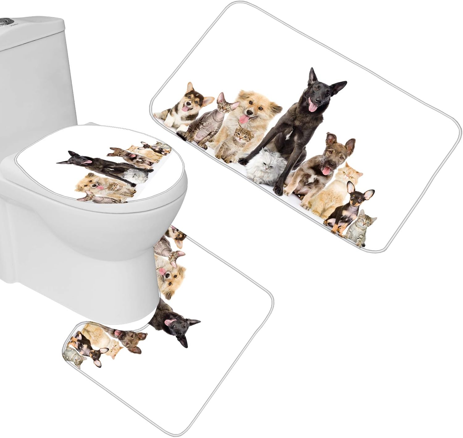 3 Piece Toilet Seat Cover and Rug Set Bathroom Non-Slip Pedestal Rug + Lid Toilet Cover + Bath Mat Amazing Animal Family Dogs Corgi Cats