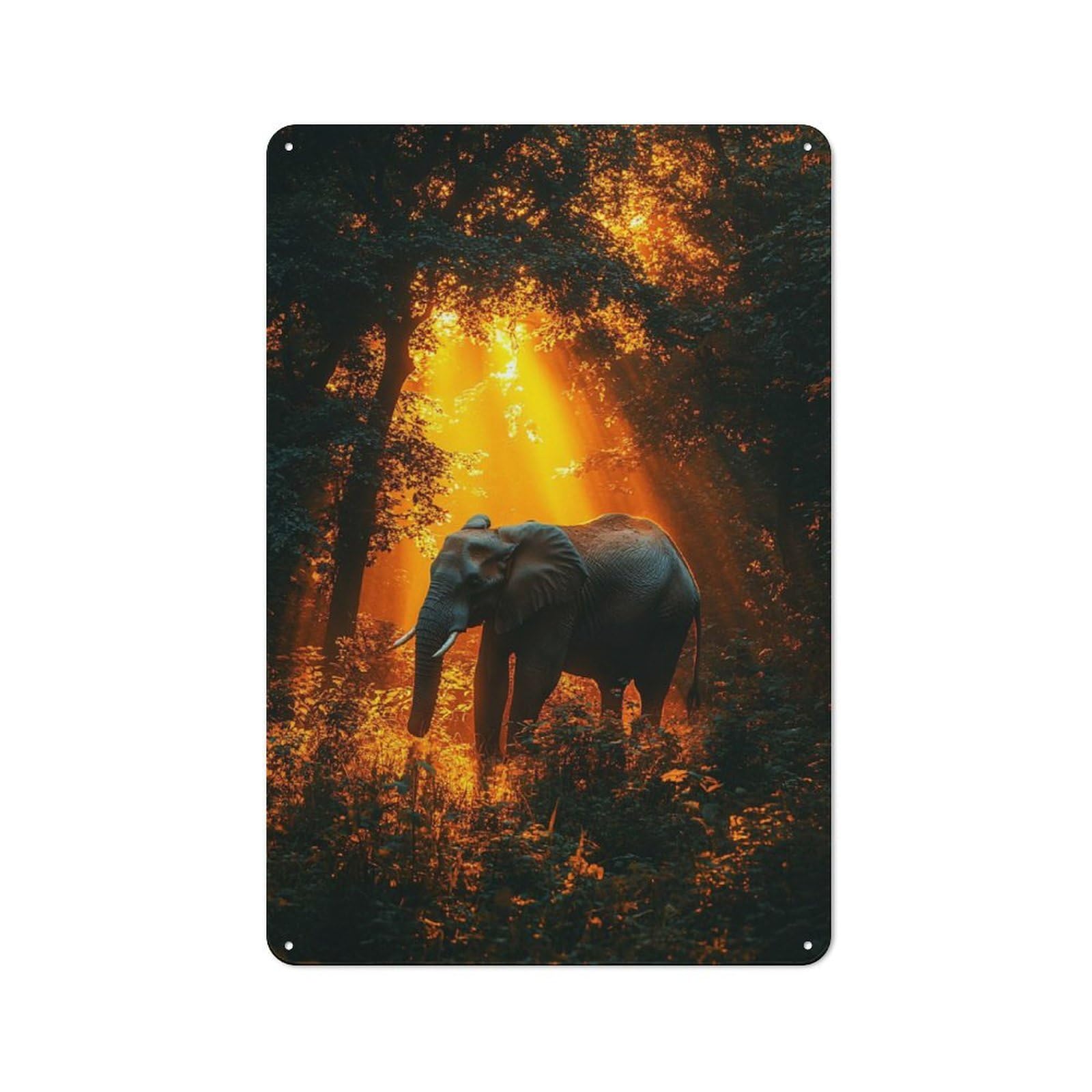 Elephant in Forest with Golden Light Retro Metal Plaque 30x20cm for Guest Room Or Hallway, Housewarming Present for People Styling Guest Room And Hallway