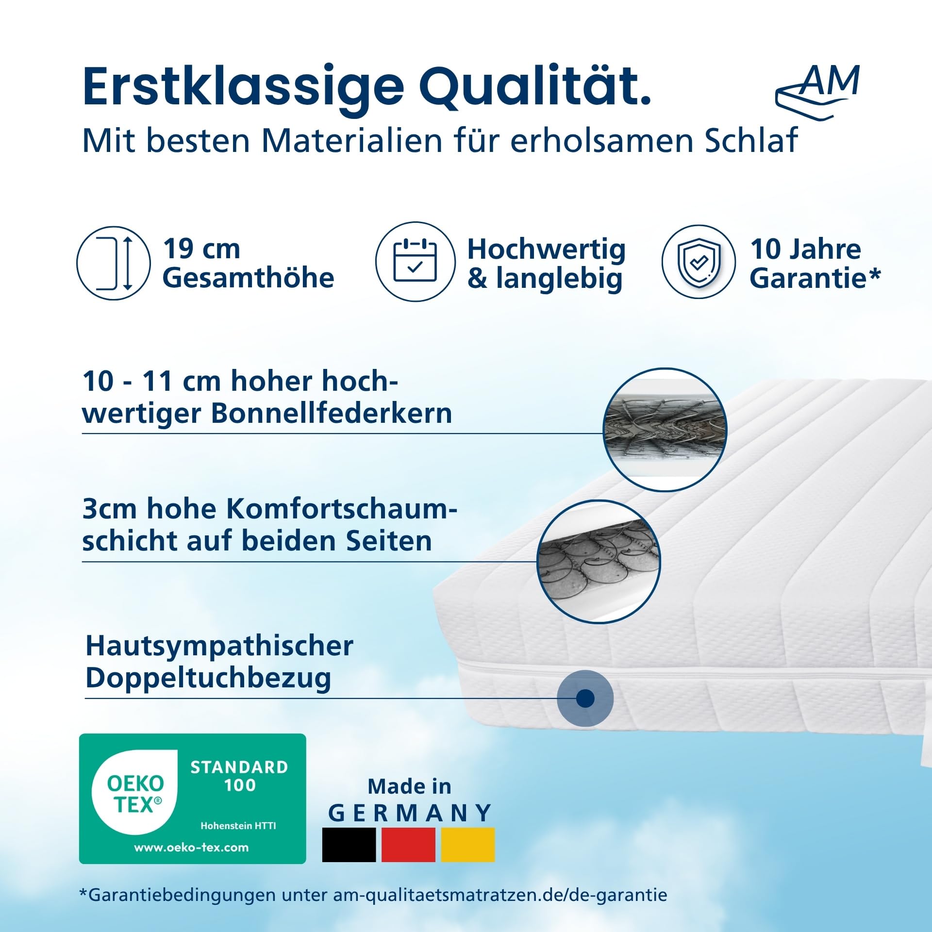 AM Qualitätsmatratzen Bonell Federkernmatratze 140x200 cm - Made in Germany - Matratze 140x200 H3 H4 Anti Schwitzen - Temperaturregulierte Bonellfederkernmatratze 19 cm hoch Oeko-TEX zertifizert