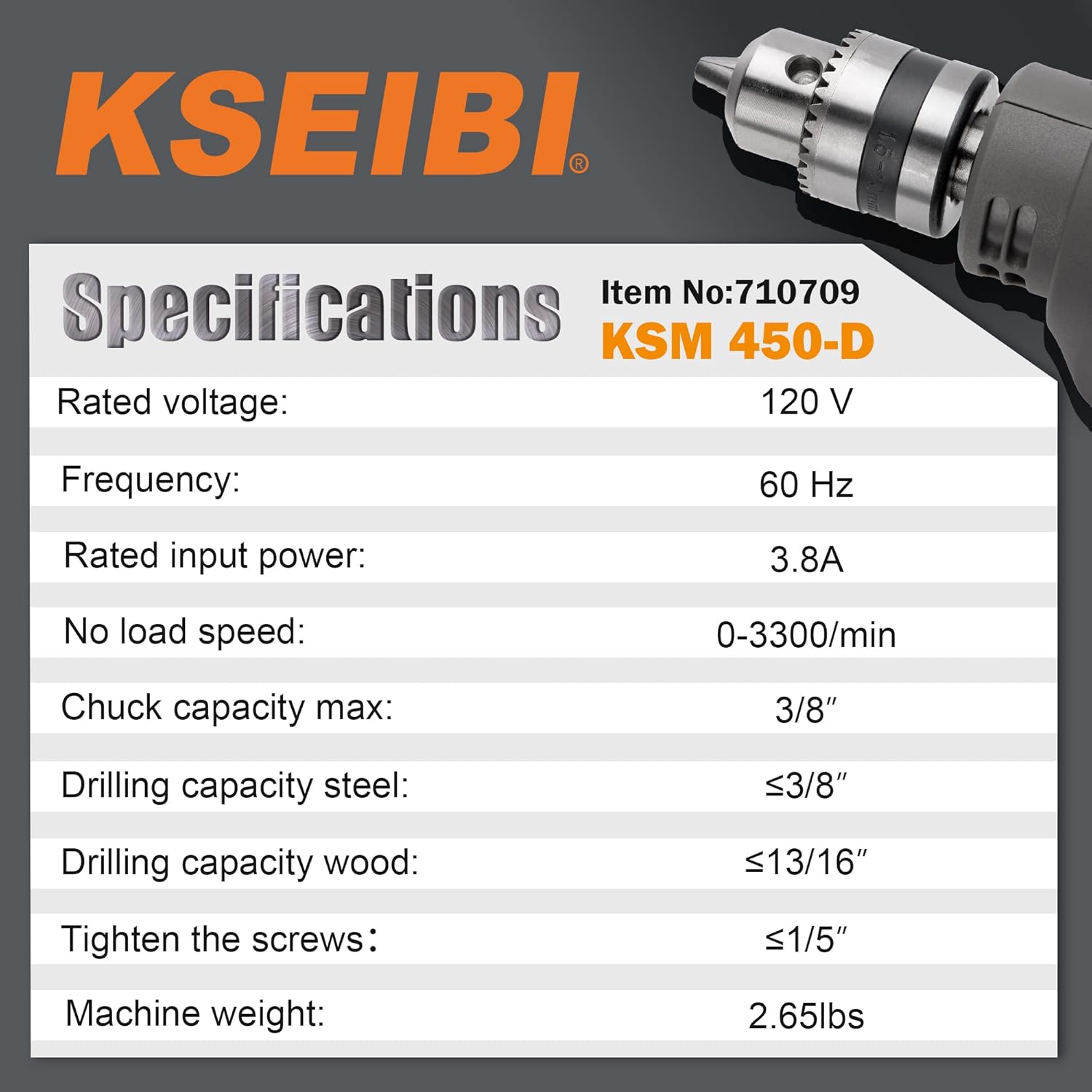 KSEIBI 3/8-inch Electric Drill Corderd Power 3.8 Amp Variable Speed Trigger High Speed0-3300 RPM, Belt Holder, Reverse Function (Keyed KSM 450-D)