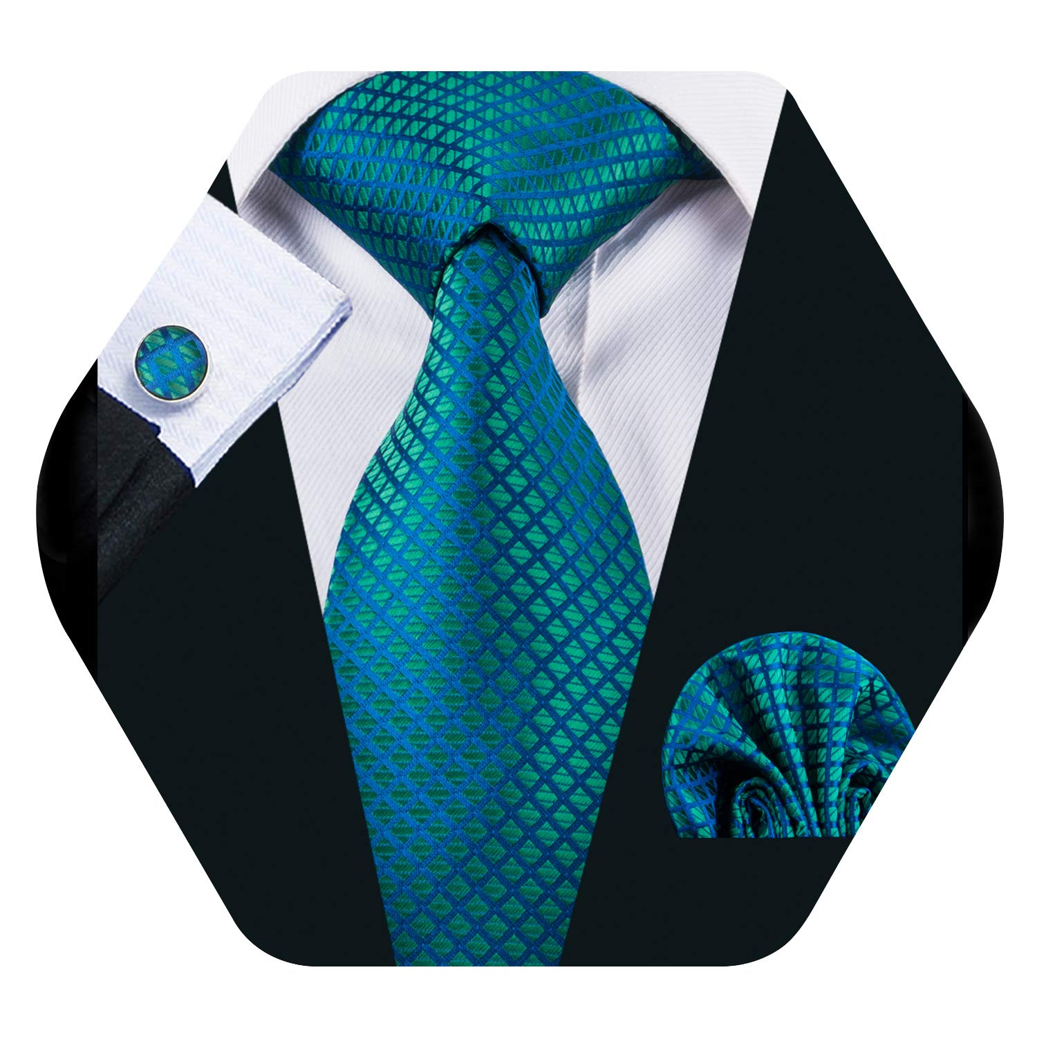 Silk Men Tie Set,Formal Business Wedding Neckties with Handkerchief Cufflink Plaid Check