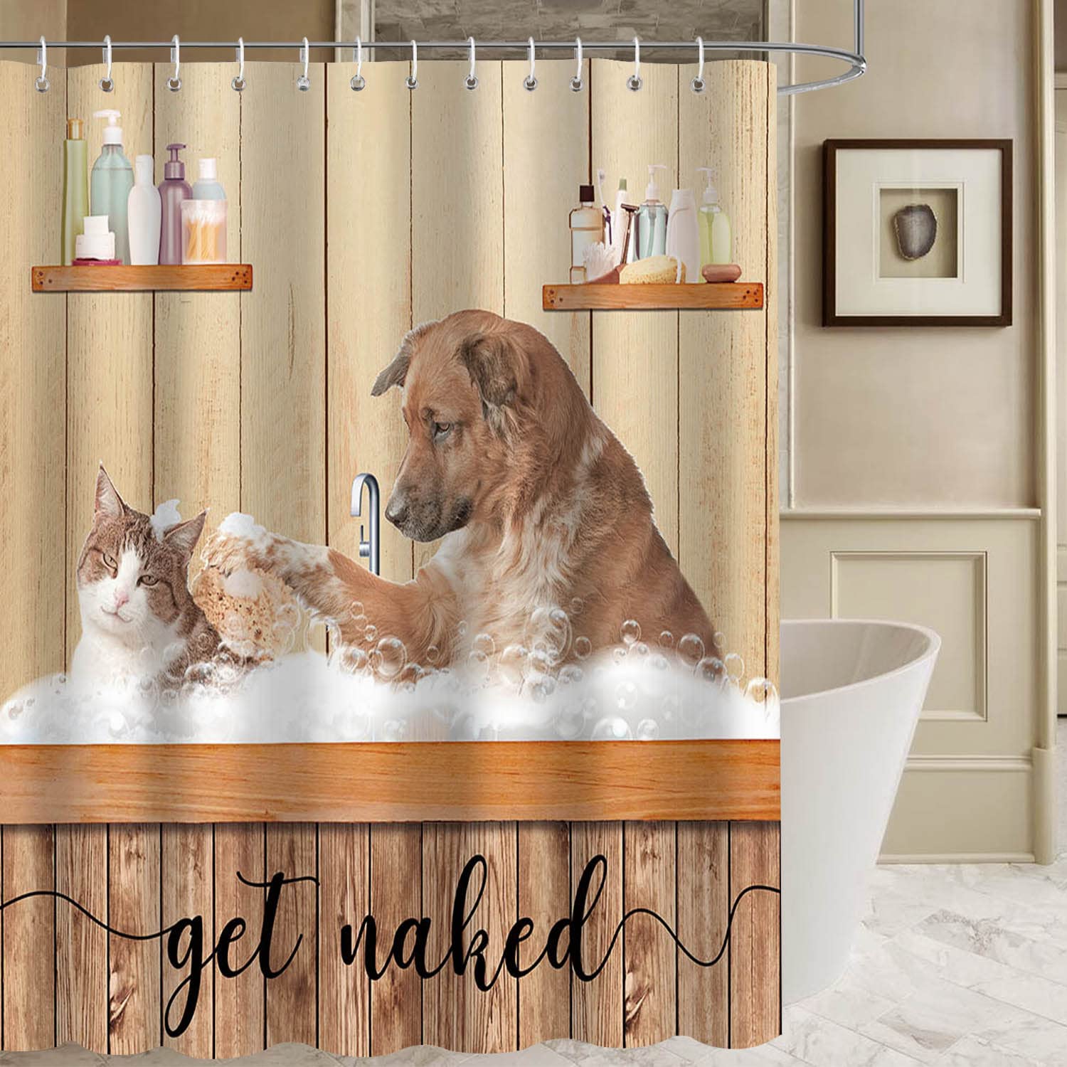 APROPHIC Funny Bathing Cat and Dog Shower Curtain for Bathroom Cute