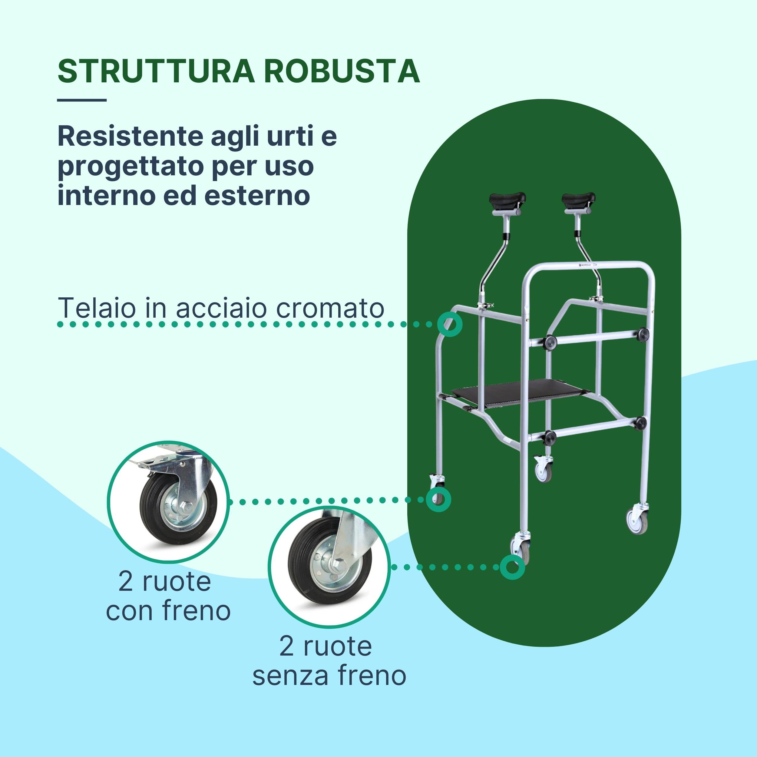 Deambulatore con Seduta, Deambulatore per Anziani Smontabile | Girello per Anziani e Disabili Ascellare, Appoggi Sottoascellari Regolabili, Acciaio Verniciato, 4 Ruote, Interni ed Esterni
