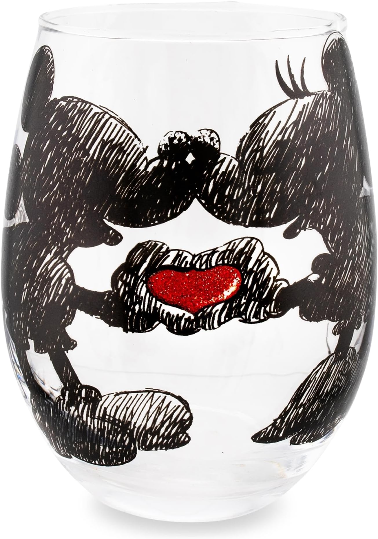 Silver Buffalo Disney Mickey and Minnie Classic Heart Glitter Stemless Wine Glass, 20 Ounces