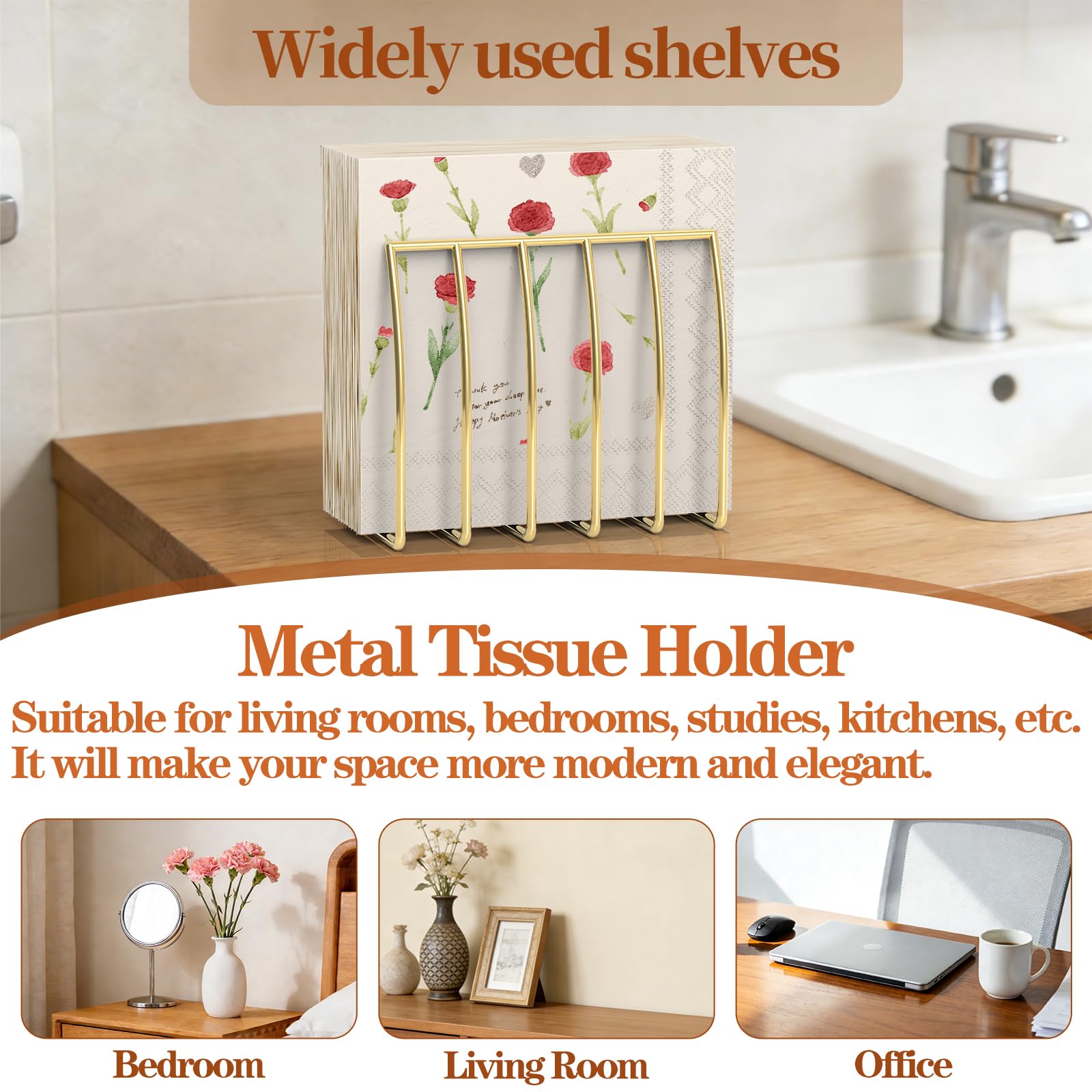 Servilletero de metal moderno dorado para servilletas de papel y cocina, comedor y encimeras, dispensador de servilletas vertical adecuado para todas las decoraciones de habitación (paquete de 1