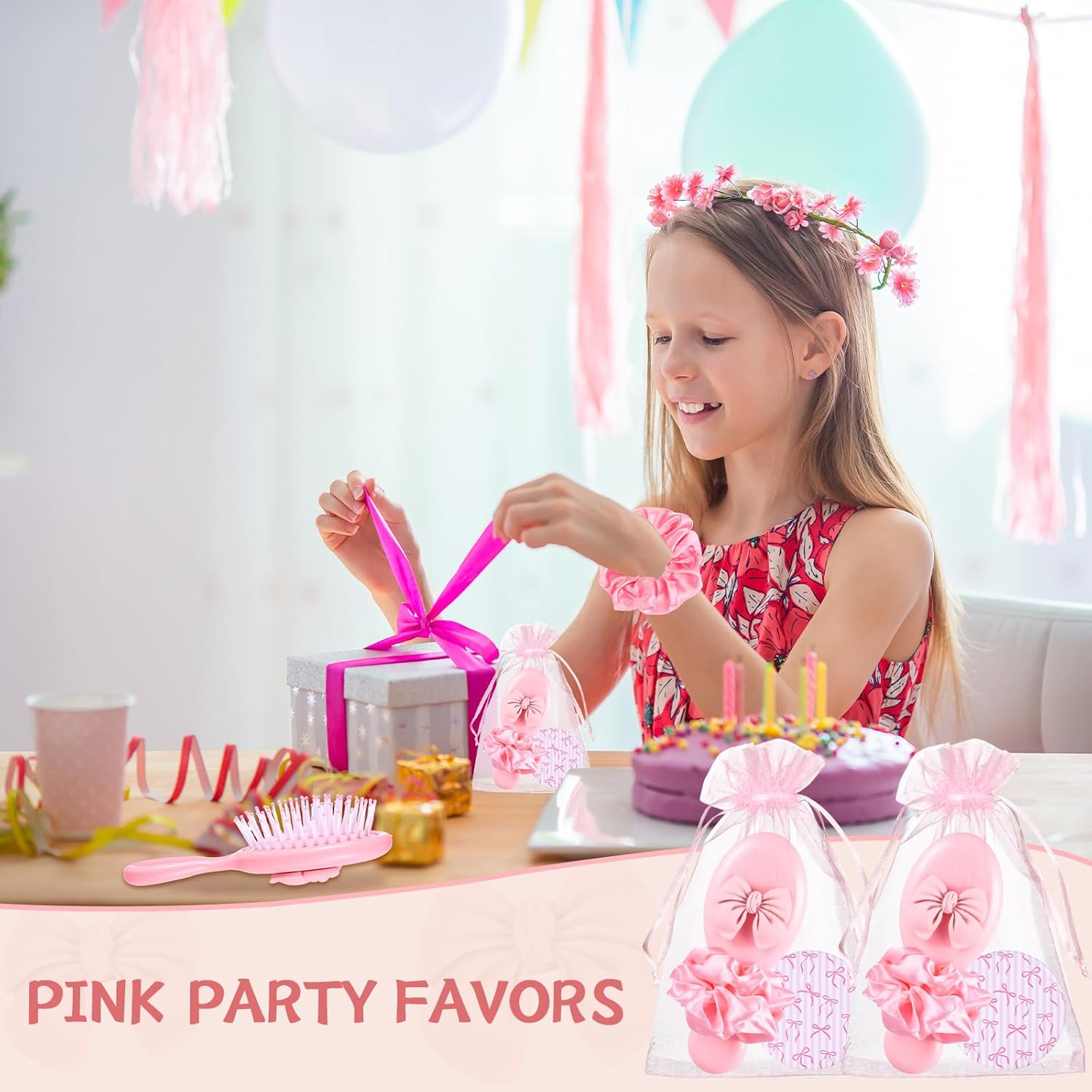 20Sets-80Pcs Coquette Party Favor Pink Party Favors Hair Brushes Foldable Mini Combs Pocket Cosmetic Mirrors Hair Scrunchies Accessories for Women Birthday Bridal Back to School Supplies