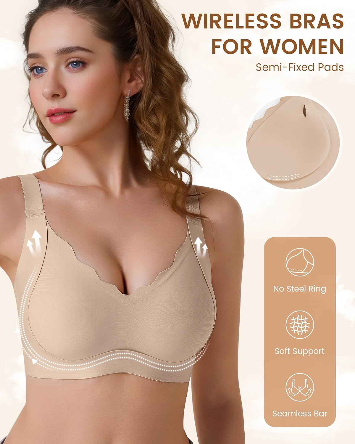 Cevapro Jelly Bras for Women No Underwire Push Up Seamless Bralettes Wireless Scalloped Full Coverage Comfort Tshirt Bra