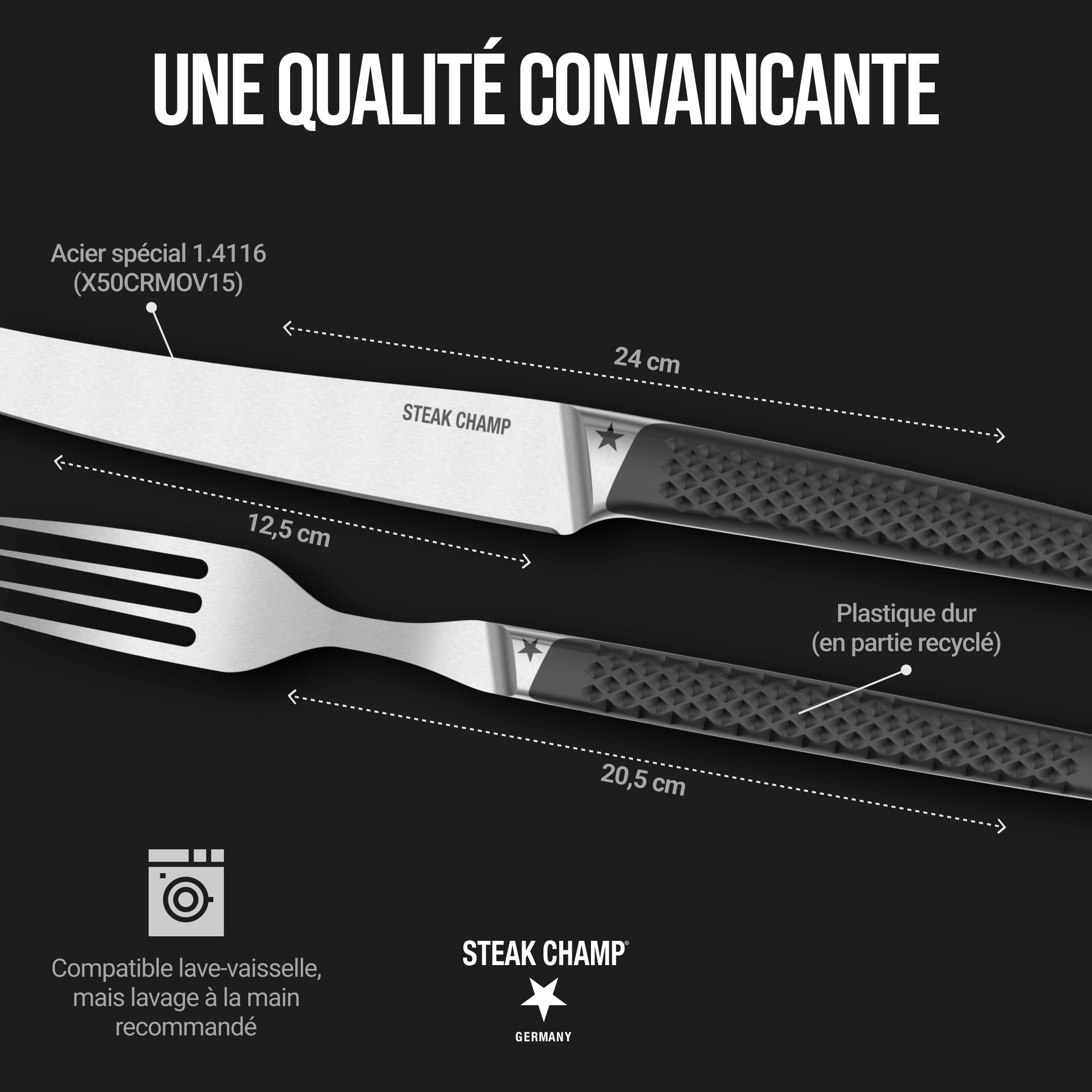 Steak Champ Set de Couverts Prime Rib: 2 couteaux & 2 fourchettes à steak en acier, poignées antidérapantes, design élégant, lame de 12,5 cm, idéal pour filet & ribeye, inclus boîte cadeau, 4 pièces