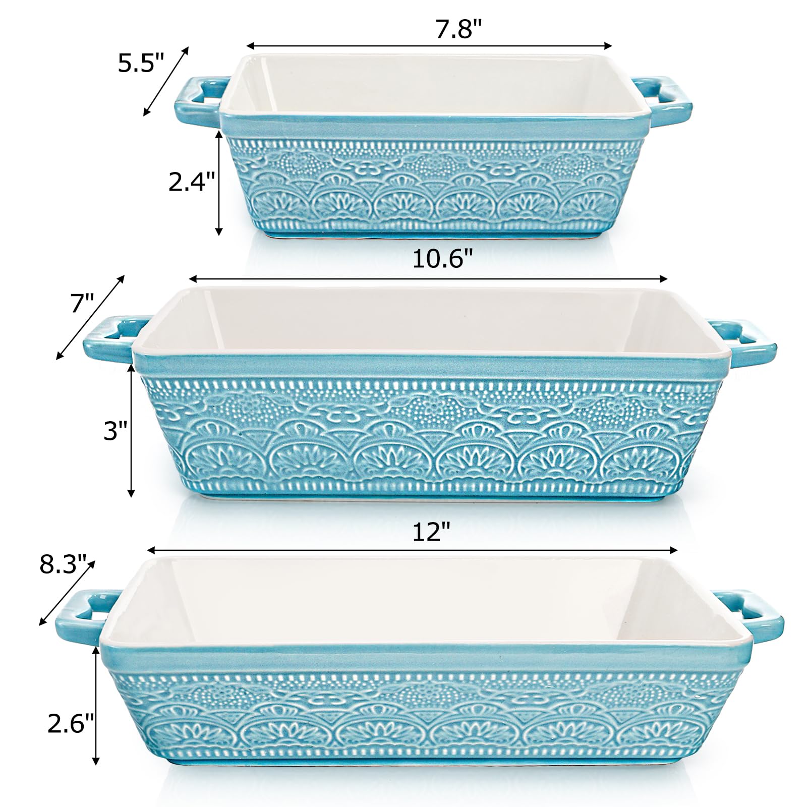 Hacaroa 3er Set Keramik Auflaufform, Rechteckige Backformen mit Griffen, Elegante Auflaufform Set Lasagnepfanne zum Backen, Kochen, Kuchen Abendessen, Bankett, Seeblau, 3 Größen