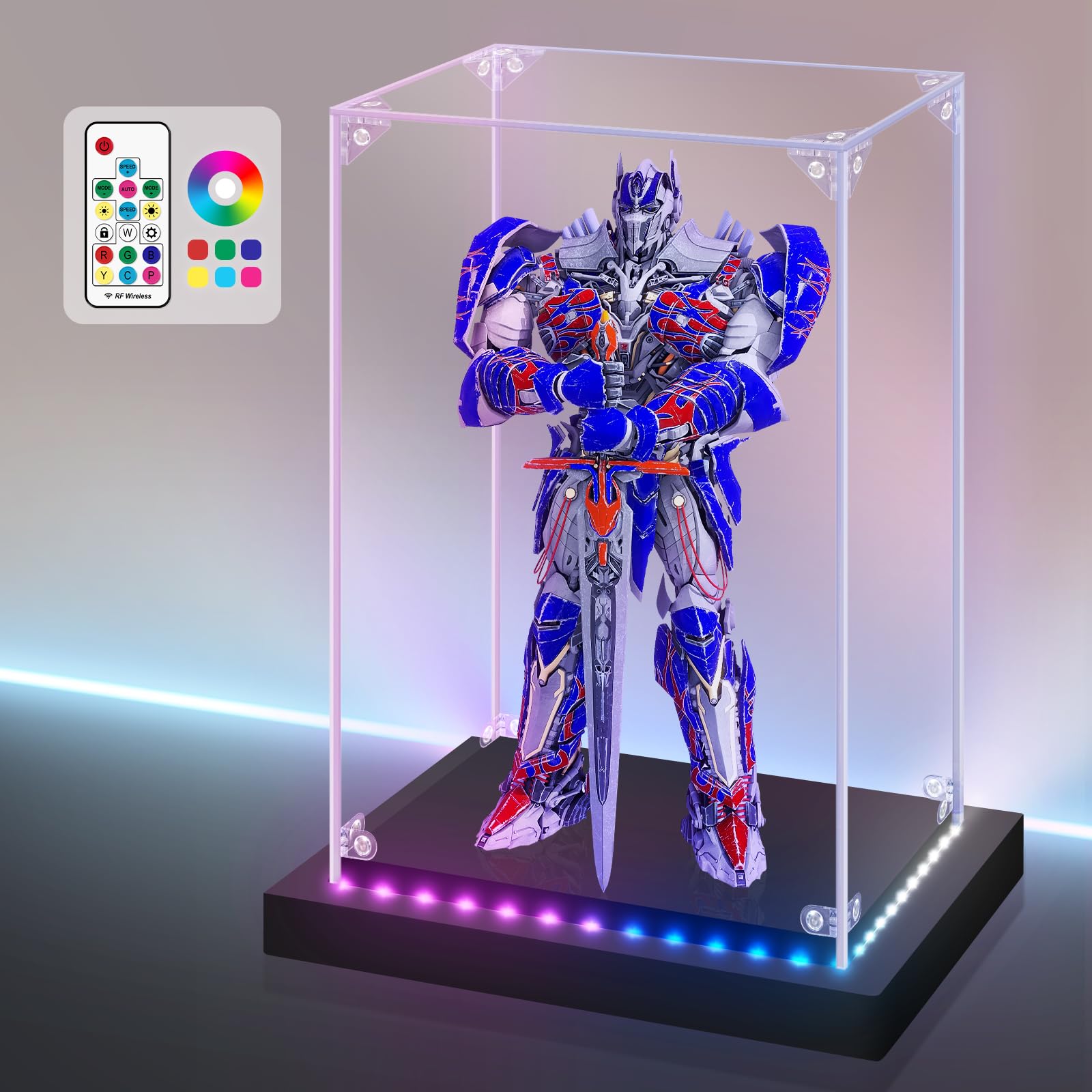 Huijintao Colorful Light Acrylic Display Case With Rgbw Color Changing Led Light, Clear Display Box For Memoribilia Action Figures, Self-Assembly Dustproof Showcase With Black Base, 13.8X9.8x21.2inch
