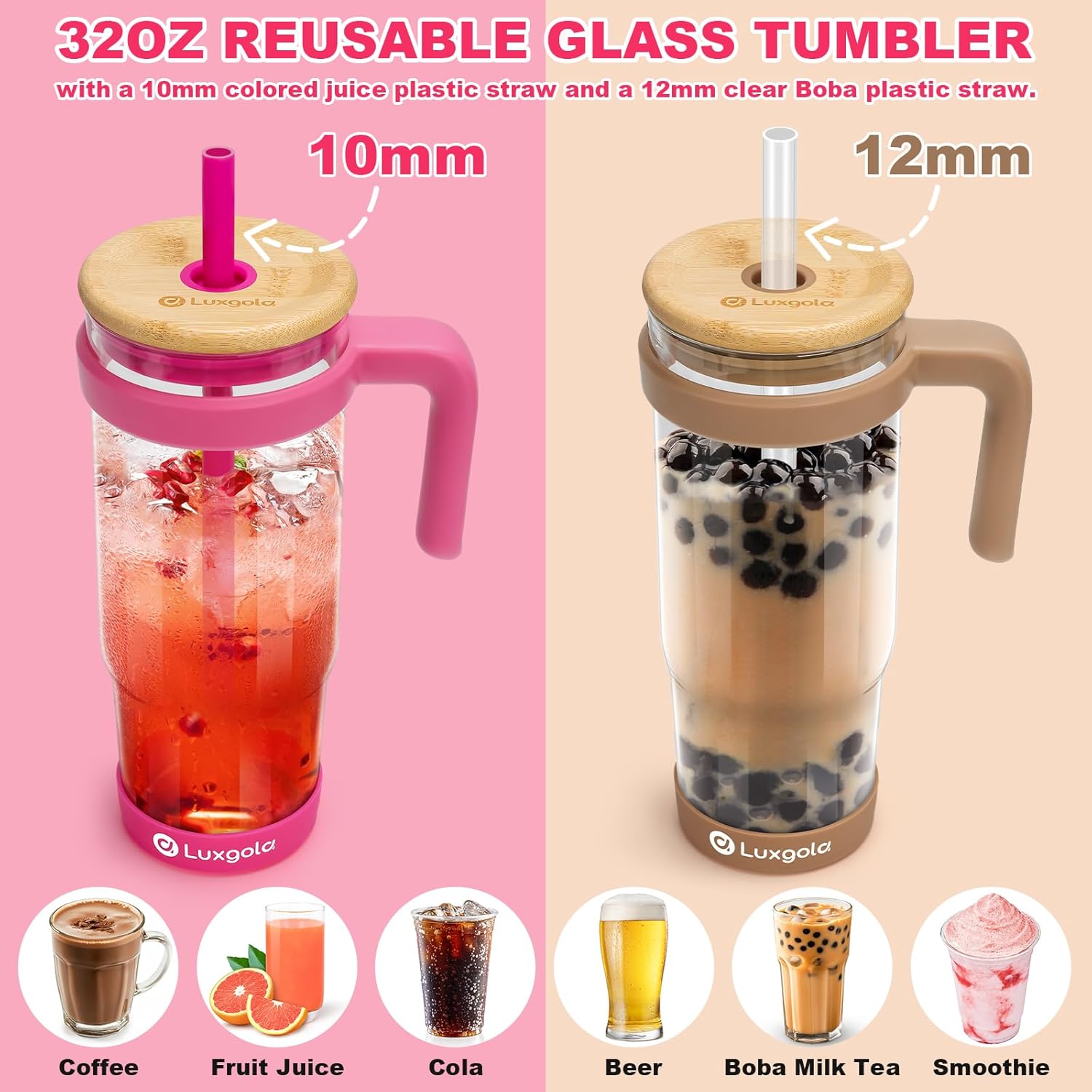 32 oz Glass Tumbler with Handle, Iced Coffee Cup with Bamboo Lid and Straws, Reusable Clear Glass Water Cup With Silicone Bumper - Fits in Car Cup Holder, Dishwasher Safe, BPA Free - Black - Image 6