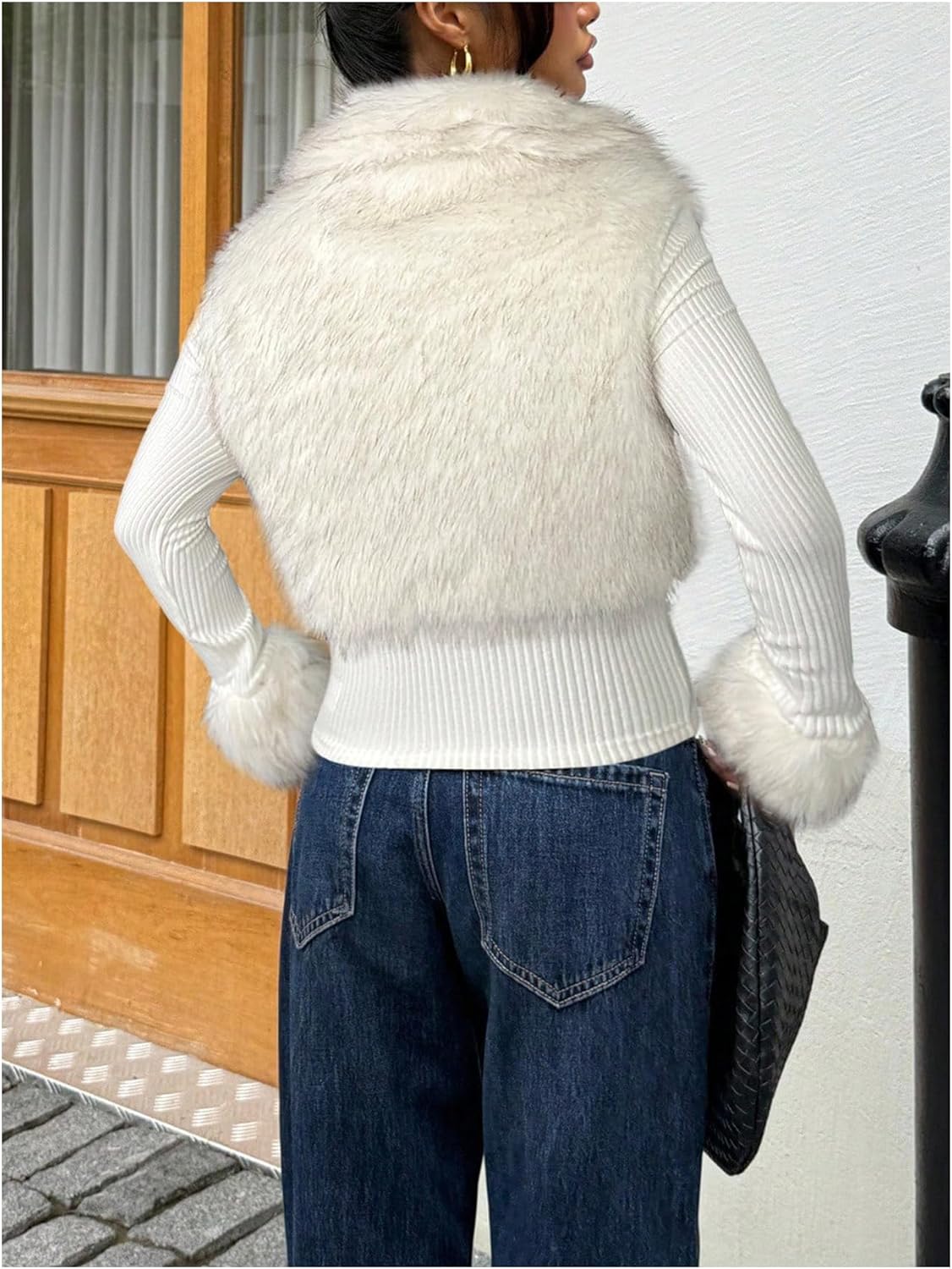 Verdusa Women's Faux Fur Furry Fuzzy Collared Zip Up Jacket Fall Clothes Slim Fit Winter Coats