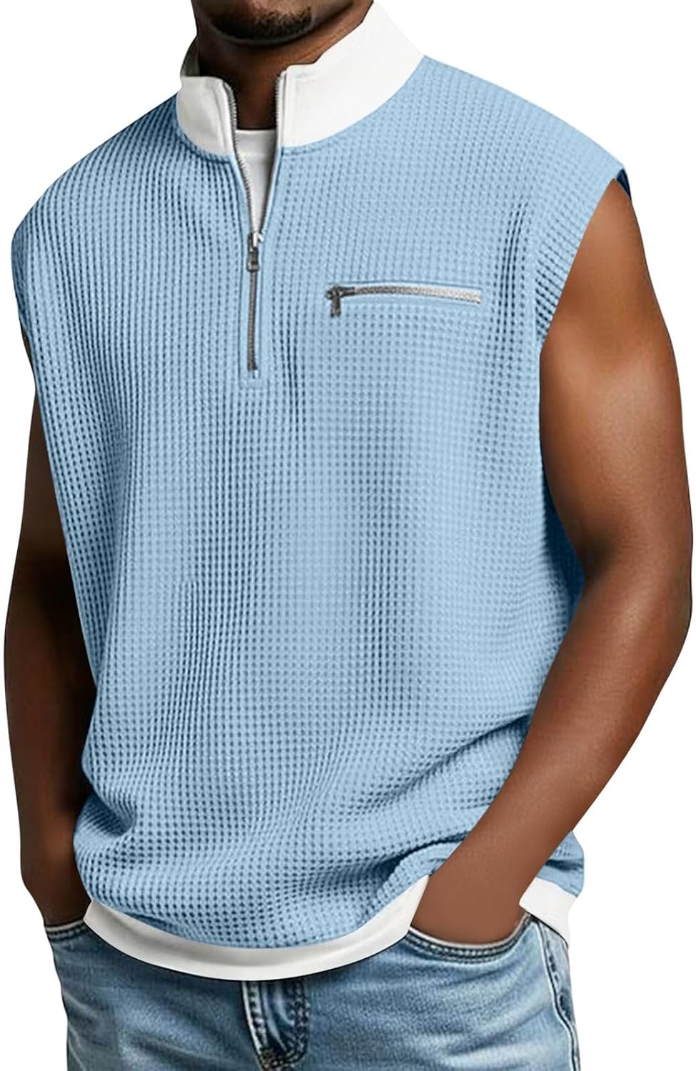 Stand Collar Half Zipper Vest for Men Waffle Solid Faux Two-Piece Patchwork Top Casual Summer Lightweight Tank Tops