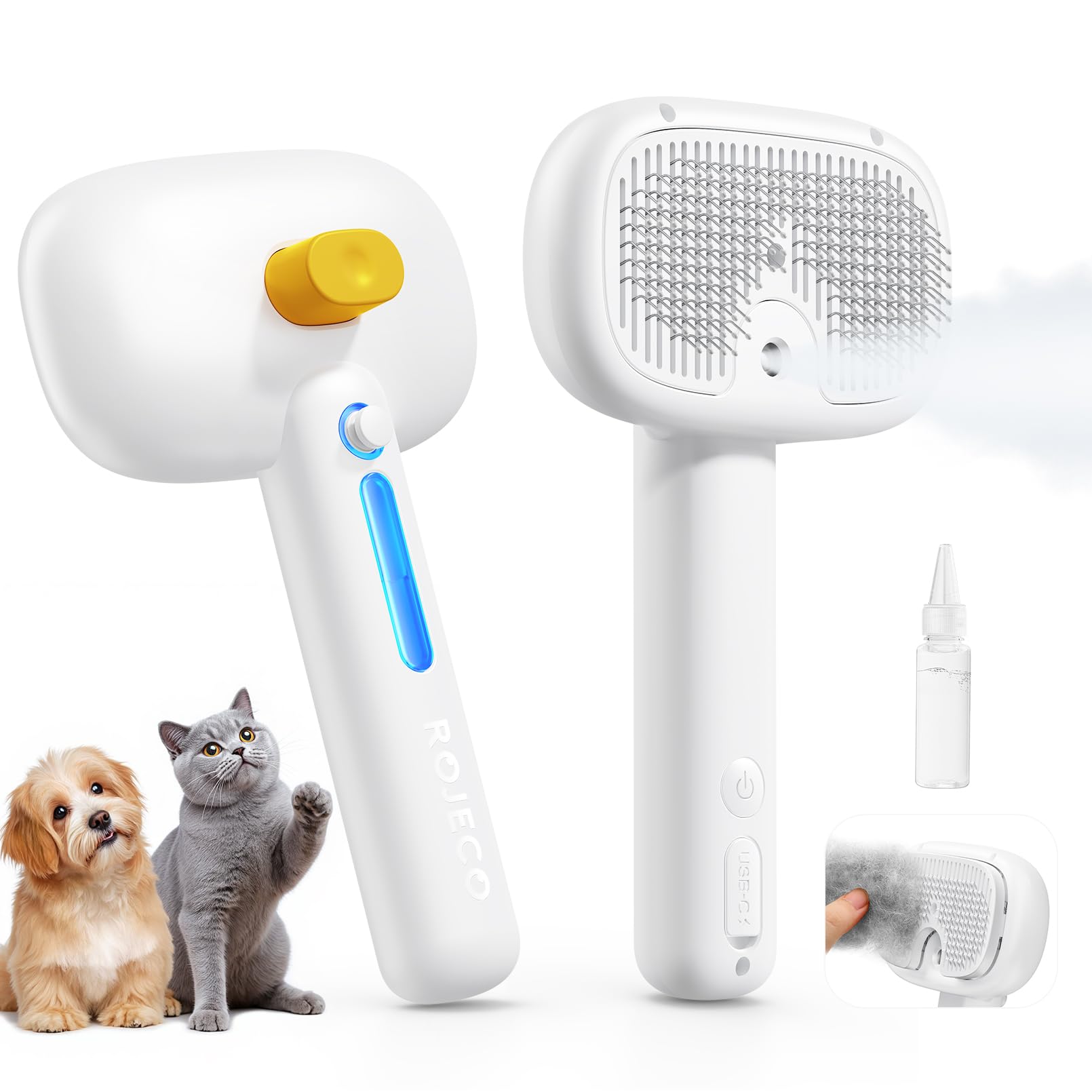 ROJECO 3-in-1 Steam Cat Brush for Short/Long haired Cats, Pet Cat Hair Remover Grooming Brush with Large Water Tank, Rechargeable Comb to Remove Shedding Fur, Includes Massage for Kittens