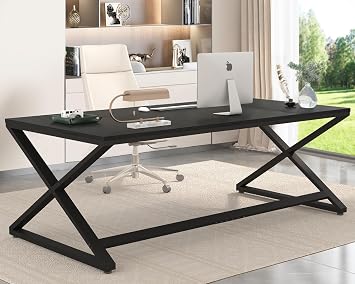 LVB Large Black Desk Long Computer Table for Home Office, Modern Wide Executive Work Table for Writing Study, Simple Wood Metal Computer Table Gaming Table Workstation in Bedroom, Black Oak, 70 in