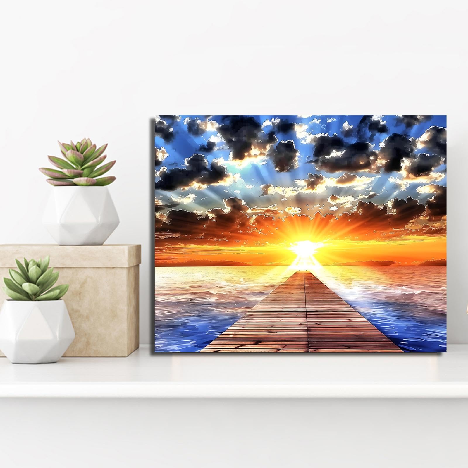 OSHIONARTE Ozean Pier Sonnenaufgang gerahmt Wandkunst Dekor Meer Landschaft Malerei Sonnenuntergang Leinwand Bild für Küche Büro Zuhause Wanddekoration 35x45cm Innenrahmen