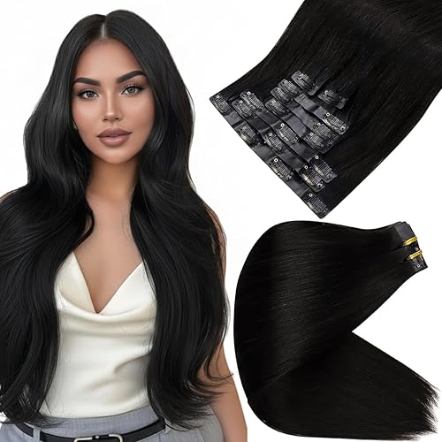 Full Shine Black Clip in Hair Extensions 18 Inch Seamless Clip ins Extensions Real Human Hair Black Human Hair Extensions for Women with PU Weft Softness 8 PCS 120 G