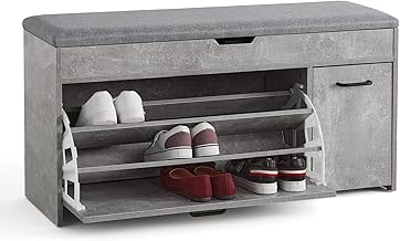 Meerveil Schuhbank mit Sitzfläche, Sitzbank mit Schuhkipper Holz Industriestil für Flur Eingang, B100 x H52 x T30 cm, Grau