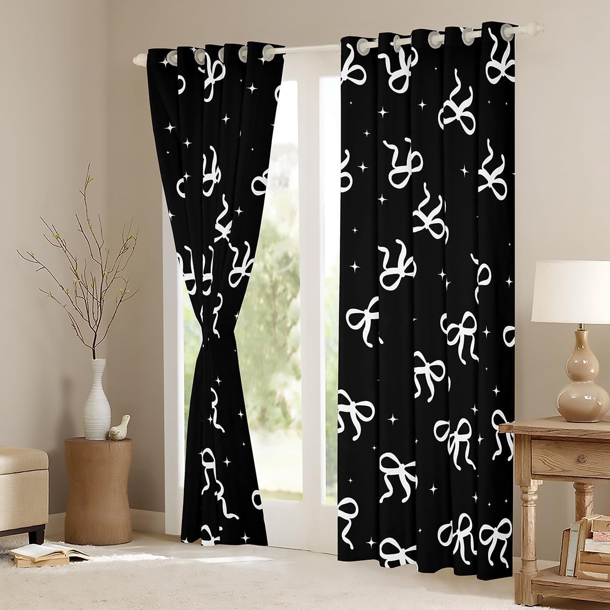 Black and White Bow Blackout Curtains Girls Women Black Coquette Window Curtains 2 Panel Sets 38"Wx45"L Kids Preppy Aesthetic Window Treatments Drapes for Bedroom Teens Adults Modern Fashion Bow Decor