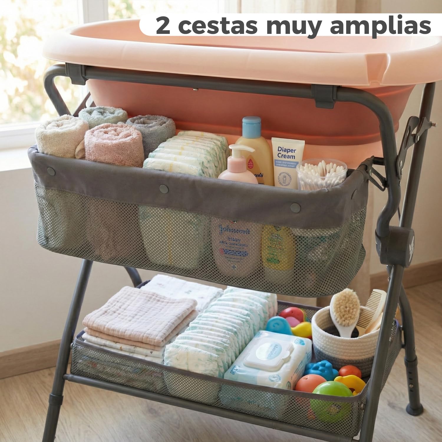 Twinly Bubbly – Bañera Cambiador Plegable para Bebé 2 en 1 – Altura Regulable Ergonómica, Bañera Extraíble para Playa y Viajes, Soporte Estable con Desagüe, Ideal para Baños Pequeños (Gris)