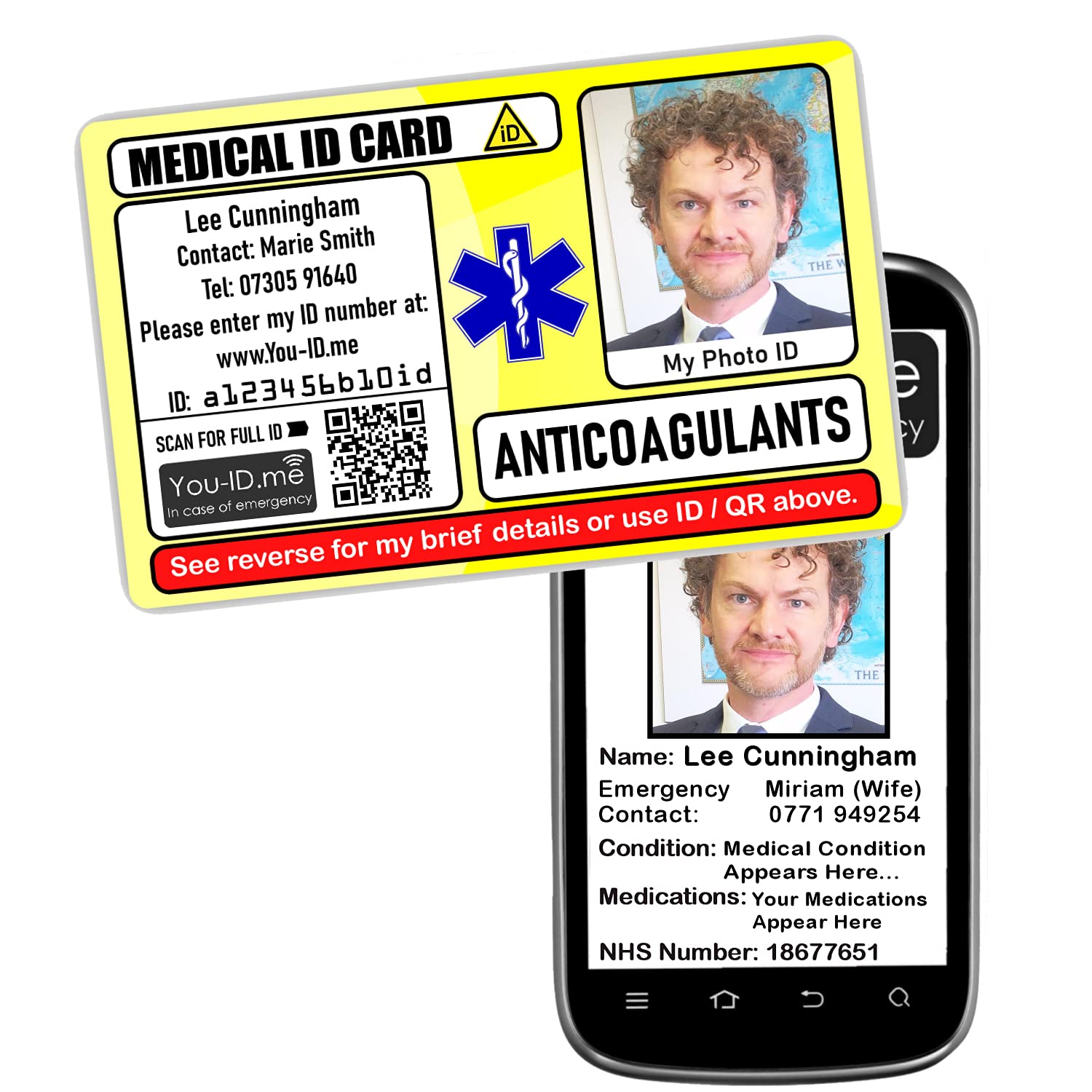 Medical Card, Alerts Contacts Phone, inc Photo ID, Carry Medic Identity, in Case of Emergency, Custom Name, Contacts, Number, Condition, Photograph, ICE, SOS, SMS (ANTICOAGULANTS)