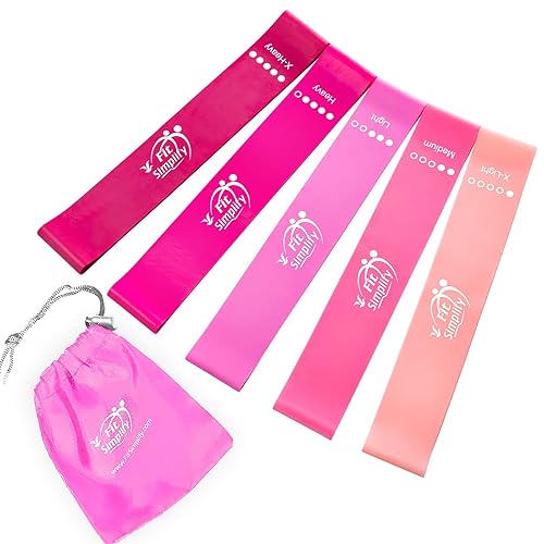 Fit Simplify Resistance Loop Exercise Bands with Instruction Guide and Carry Bag, Set of 5 - Pink