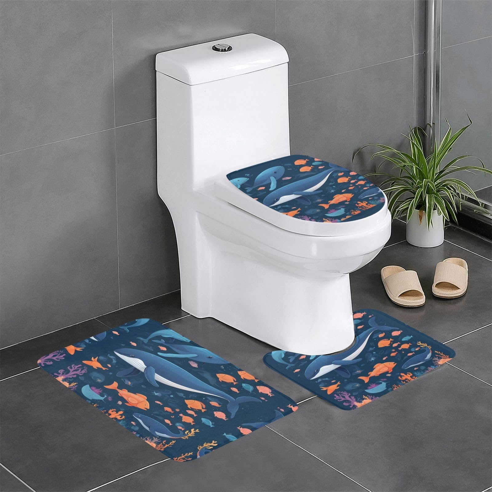 Tapis de salle de bain antidérapants lot de 3 pièces océan baleine et pieuvre pour WC et coiffeuse