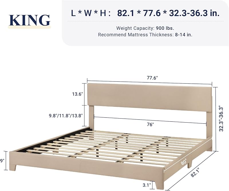 Allewie King Size Upholstered Bed Frame Adjustable Headboard, Beige image 2