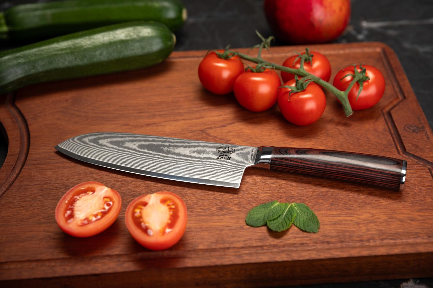 Damastmesser Santoku Messer XL (30 cm) TÜV geprüfter 62 HRC Damaststahl aus 67 Lagen I Damast-Küchenmesser Santokumesser mit Schleifstein Holzgriff Geschenkbox und Klingenschutz