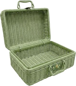 Imitation Wicker Picnic Basket, Small Picnic Basket Imitation Metal Lock Rattan Storage Box with Handles, Imitation Wicker Baskets with Handles for Travel Camping Outdoor Party Dark Green