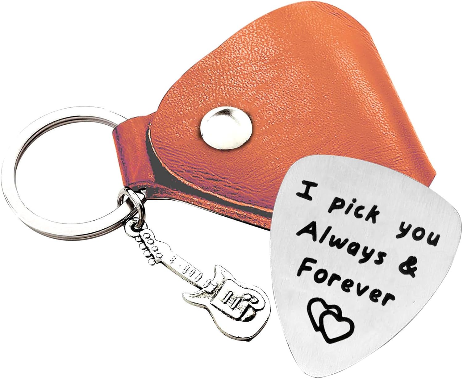 1pc Stainless Steel Guitar Pick Brown PU Leather Keychain I Pick You Always And Forever Festivals Anniversary Birthday Gift For Guitar Music Lovers Guitar Accessories
