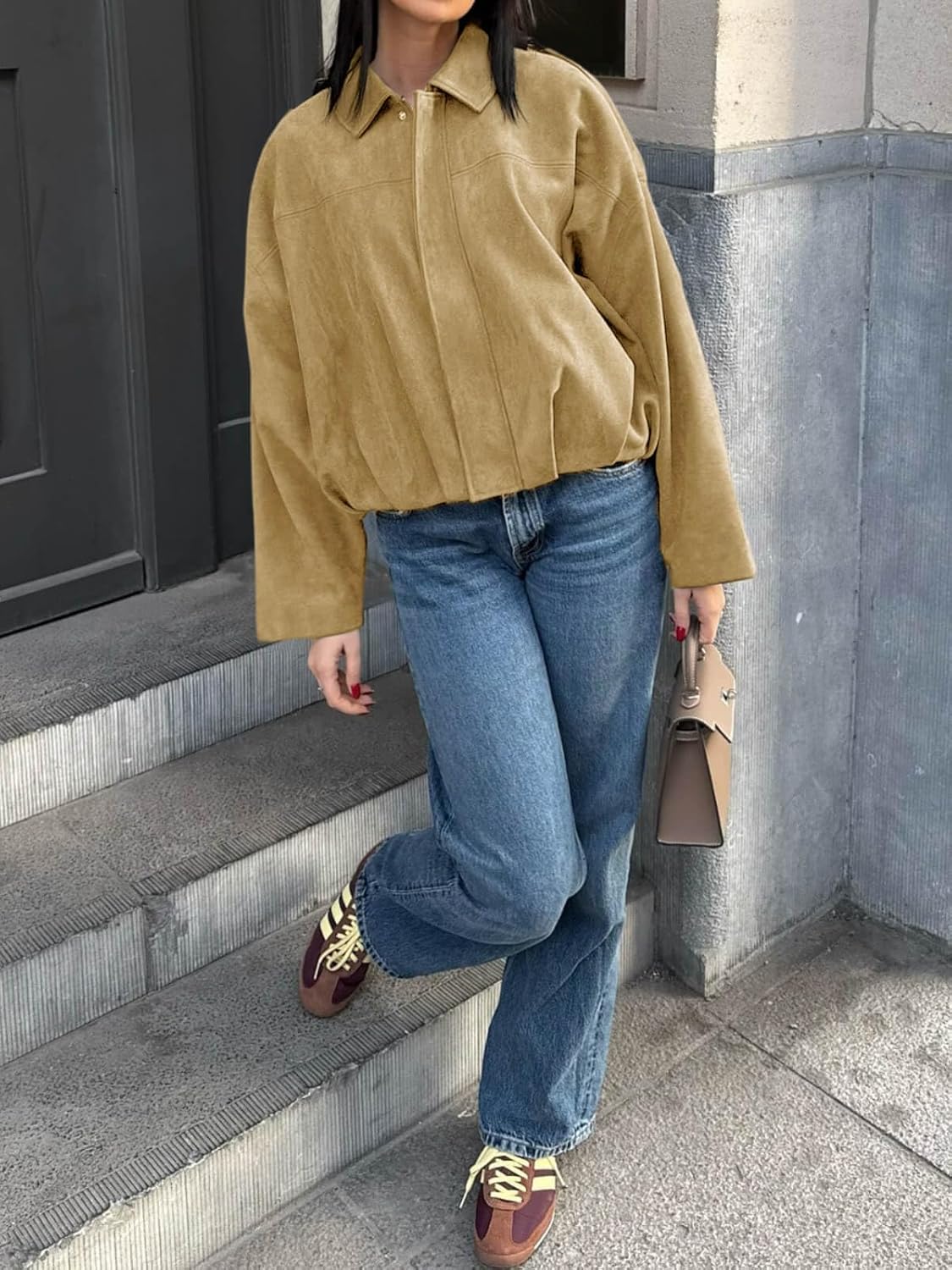 Cicy Bell Womens Faux Suede Bomber Jackets Oversized Cropped Zip Up Lapel Coats Fall Casual Outerwears - Image 3