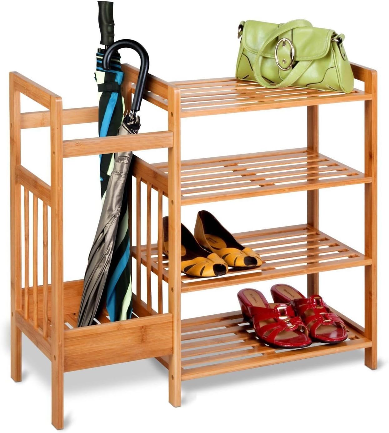 Top Home Solutions 4 Tier Bamboo Entryway Shoe Storage Rack Hallway Organiser & Umbrella Holder