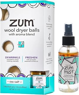 Wool Dryer Balls Kit Plus Zum Mist - 3 Wool Balls with Essential Oil Blend & Room & Body Mist - Sea Salt