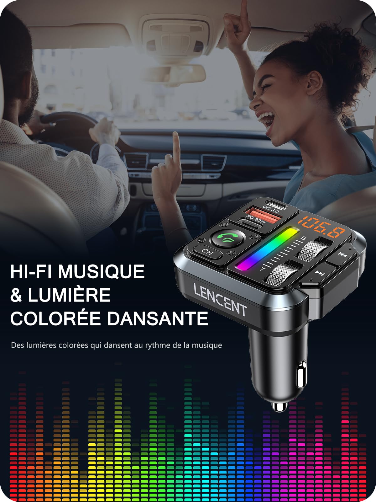 LENCENT Transmetteur FM Allume Cigare Bluetooth 5,3 avec réglage des aigus et des Basses Émetteur FM Radio appels Mains Libres, Chargeur Rapide de Voiture PD 20W & QC3,0, Siri Google Assistant