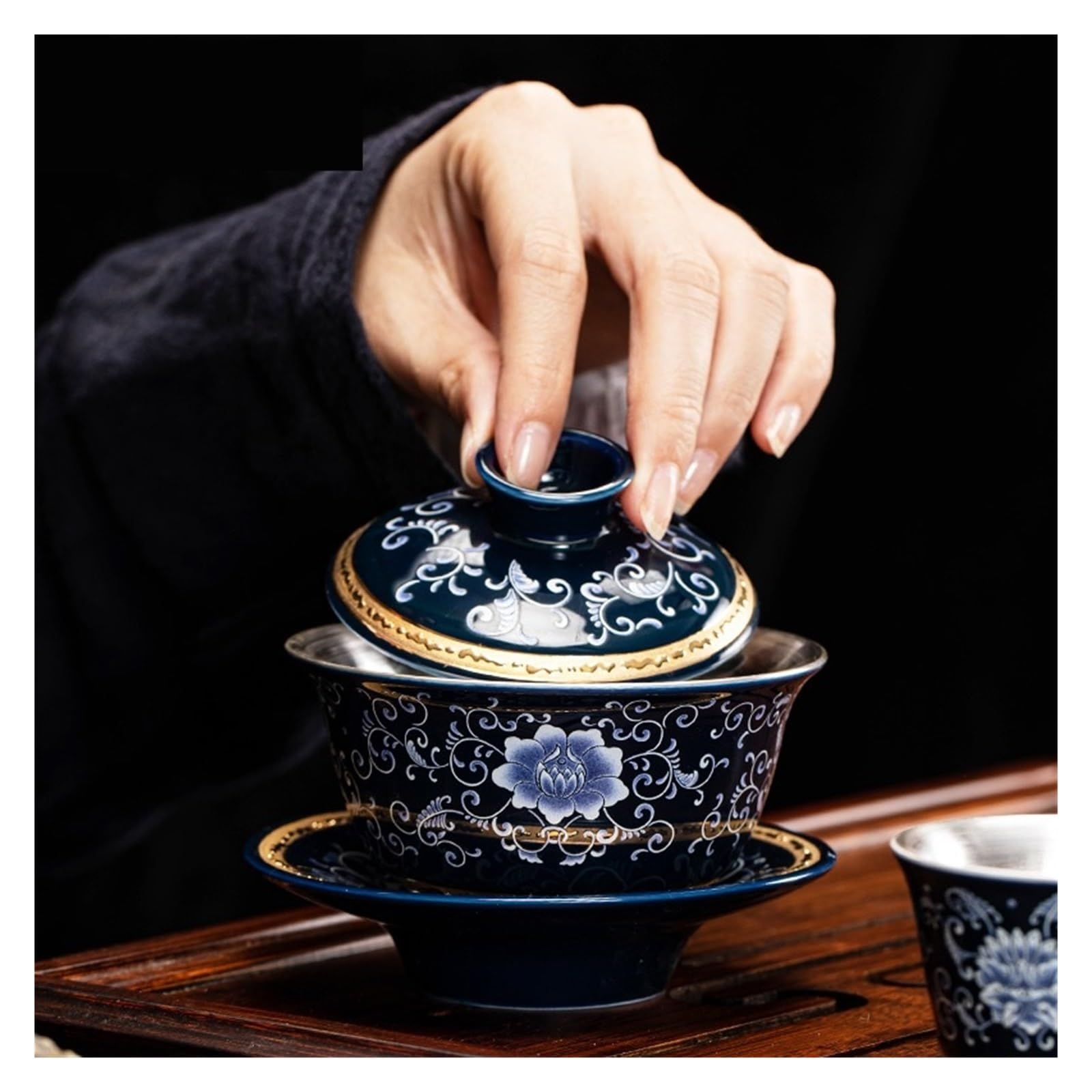 Niebiesko-biała Porcelana, Miska Z Pokrywką Czystego Srebra, Pozłacana Srebrna Ceramiczna Na Herbatę, Duża Filiżanka, Zestaw Do Herbaty Kung Fu, Herbata Użytku Domowego WyjąTkowe Obrazy(A2)