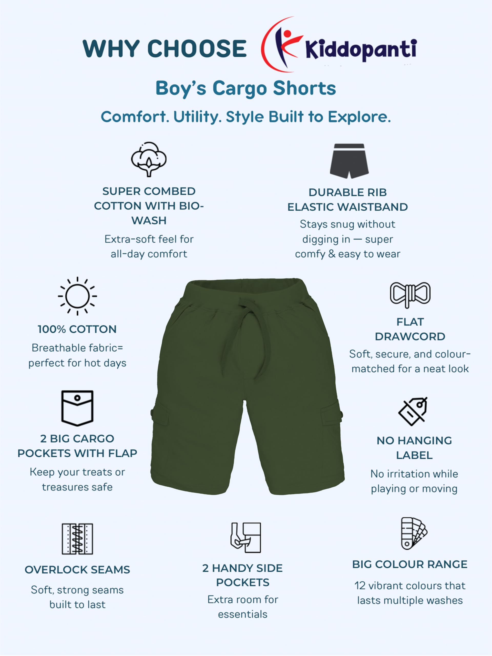 KiddoPanti Boys Knit Solid Cargo Shorts Pack of 2 | 100% Cotton | Comfortable Rib Waistband | 2 Front Pockets & 2 Cargo Pockets | Sport Bermuda Half Pant for Boys, Military Green & Jet Black - 12-14Y - Image 2 thumbnail