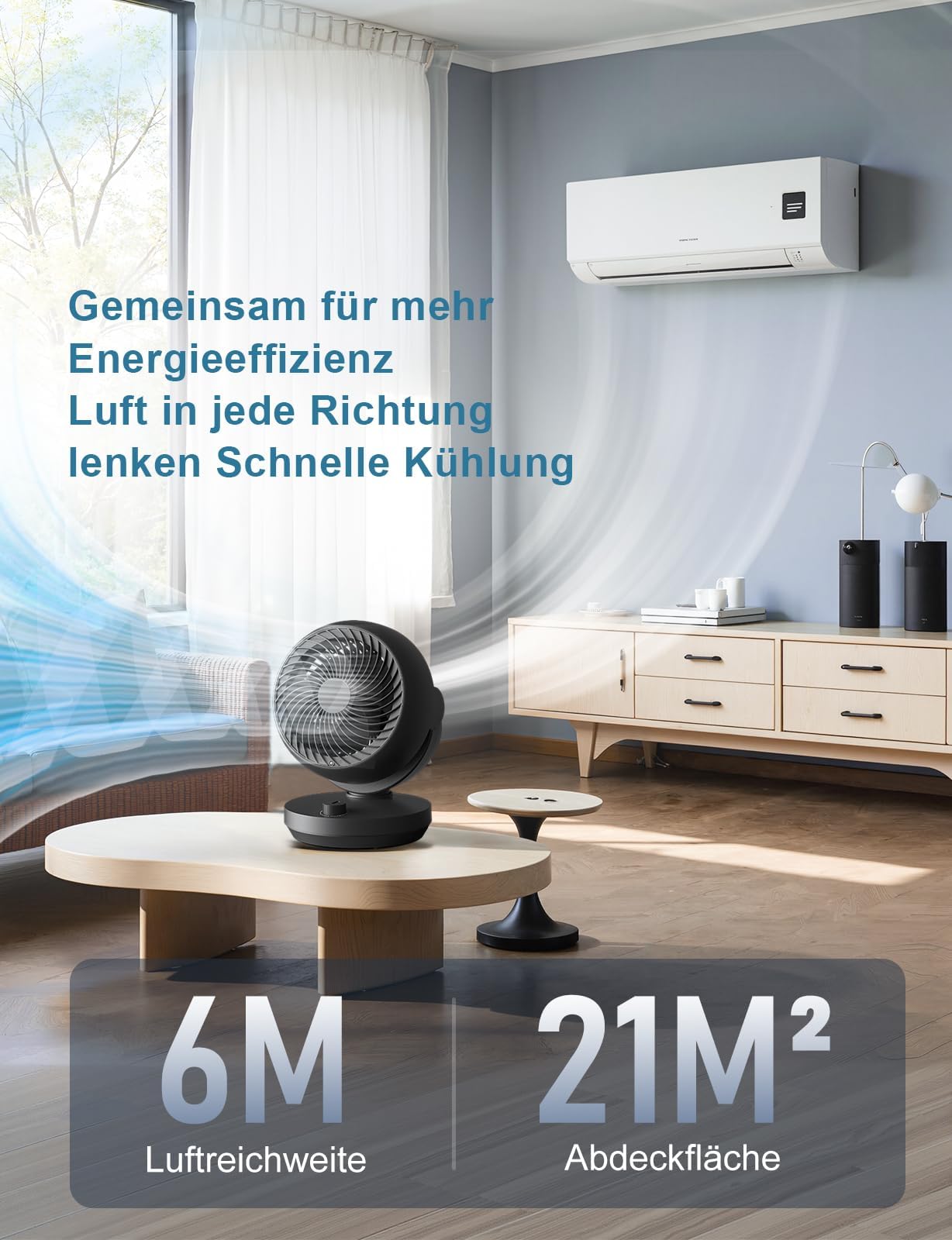 Ventilator Leise, 22dB Tischventilator mit Luftzirkulation, Leistungsstarken 3D Turbo Air Circulator, 3 Stufen & 100°/90° Verstellbarer Neigung, für Schlafzimmer, Büro und Wohnzimmer bis 21m², Schwarz