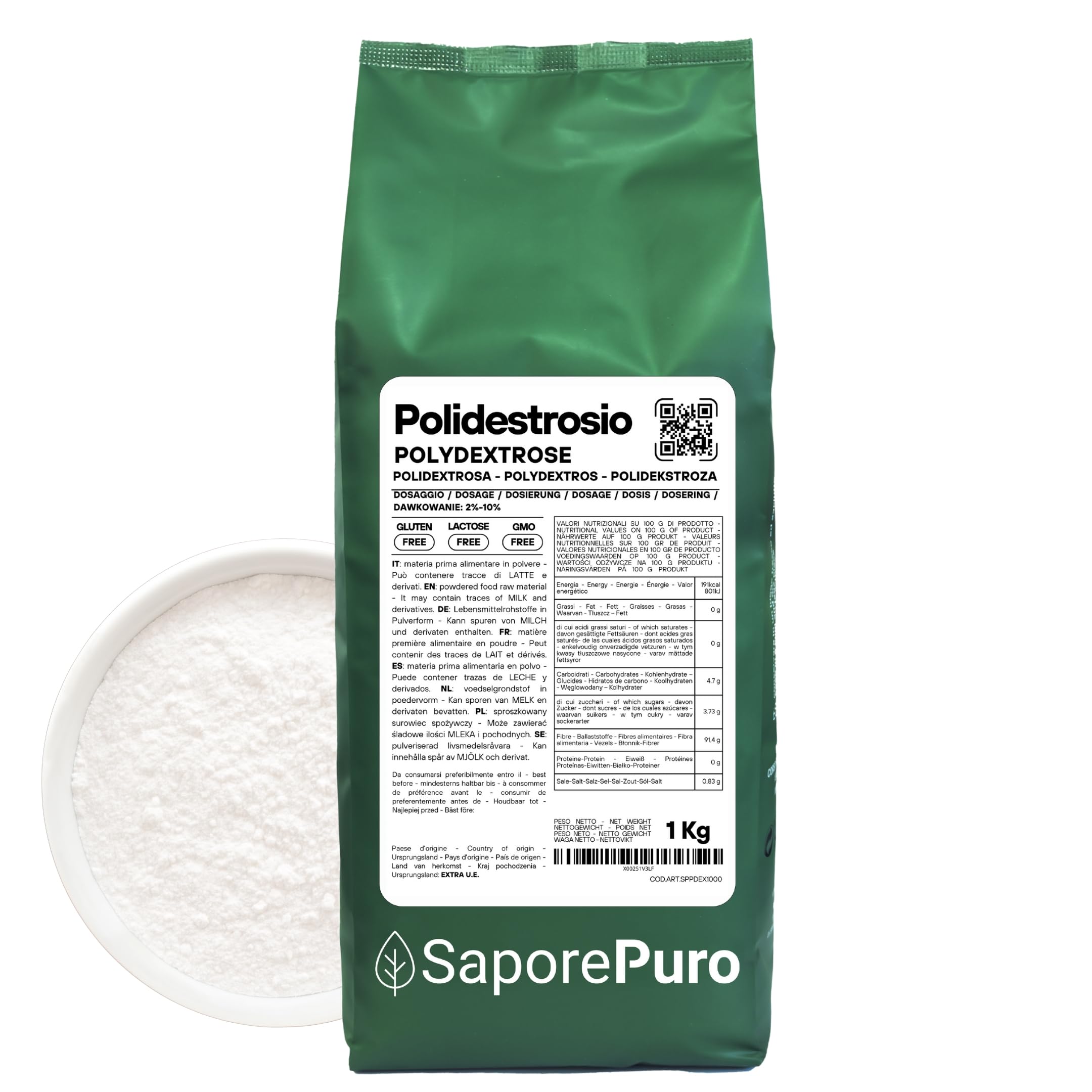 SaporePuro Polidestrosio in polvere 1 kg - Fibra alimentare solubile - Basso Contenuto Calorico, addensante e stabilizzante, ideale per Gelati, Dolci, prodotti da forno e bevande