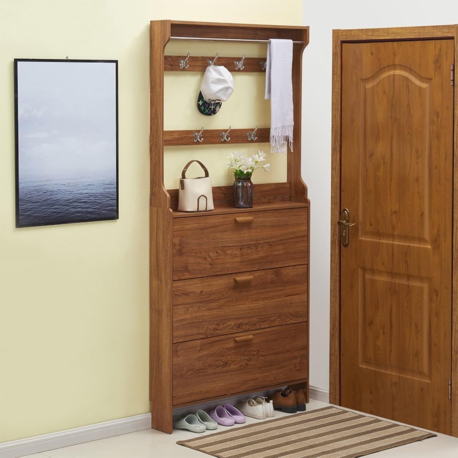 Freestanding Hall Tree with Coat Rack, Shoe Storage Bench, Hooks & Cabinet for Entryway, Bedroom & Hallway(55x17x208cm)