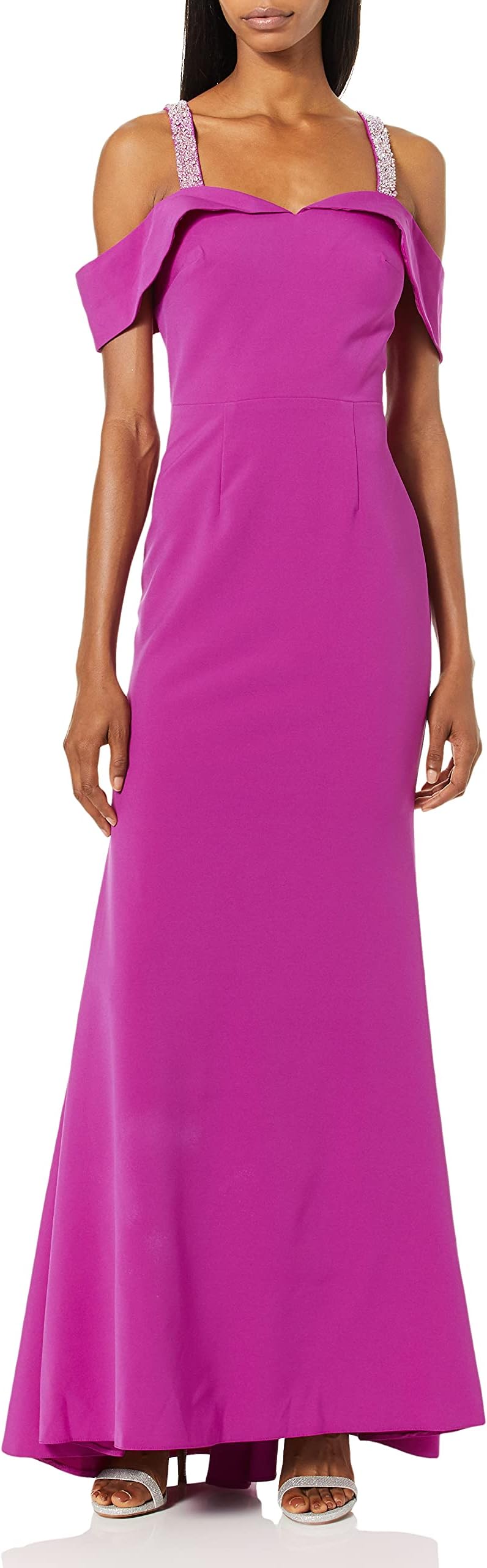 JS BoutiqueWomen's Sweetheart Crepe Off The Shoulder Gown with Beaded Straps