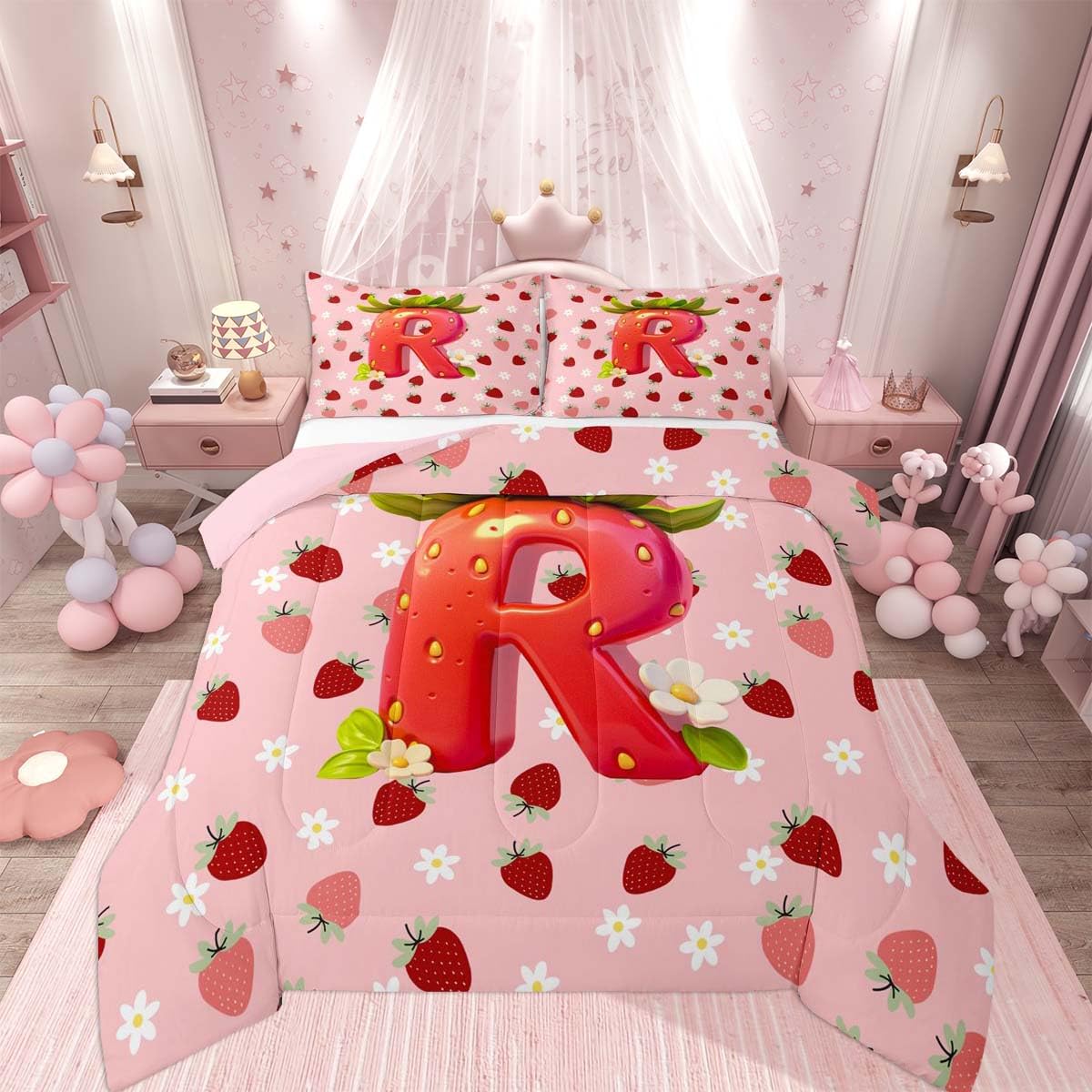 Feelyou Girls Pink Red Strawberry Bedding Set Soft for Boys Girls, Initial Letter R Comforter Set Full Size Princess Strawberry Duvet Quilt Microfiber Bedroom Decor 3 Pcs with 2 Pillow Cases