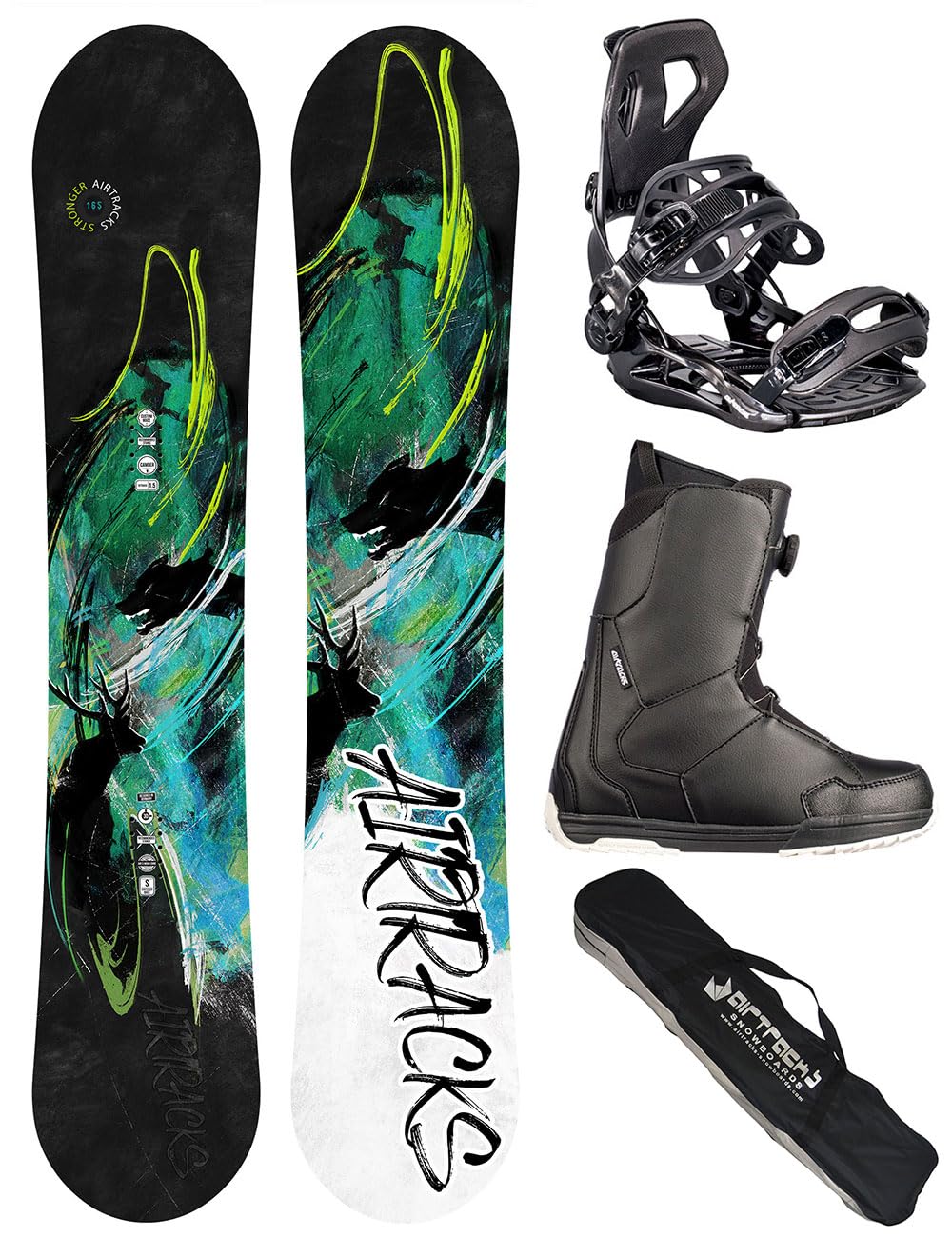 Airtracks Kit de snowboard - Snowboard Stronger Wide Flat Zero Rocker + fixations Master Fastec + bottes + sac SB 156, 159, 163, 165 cm