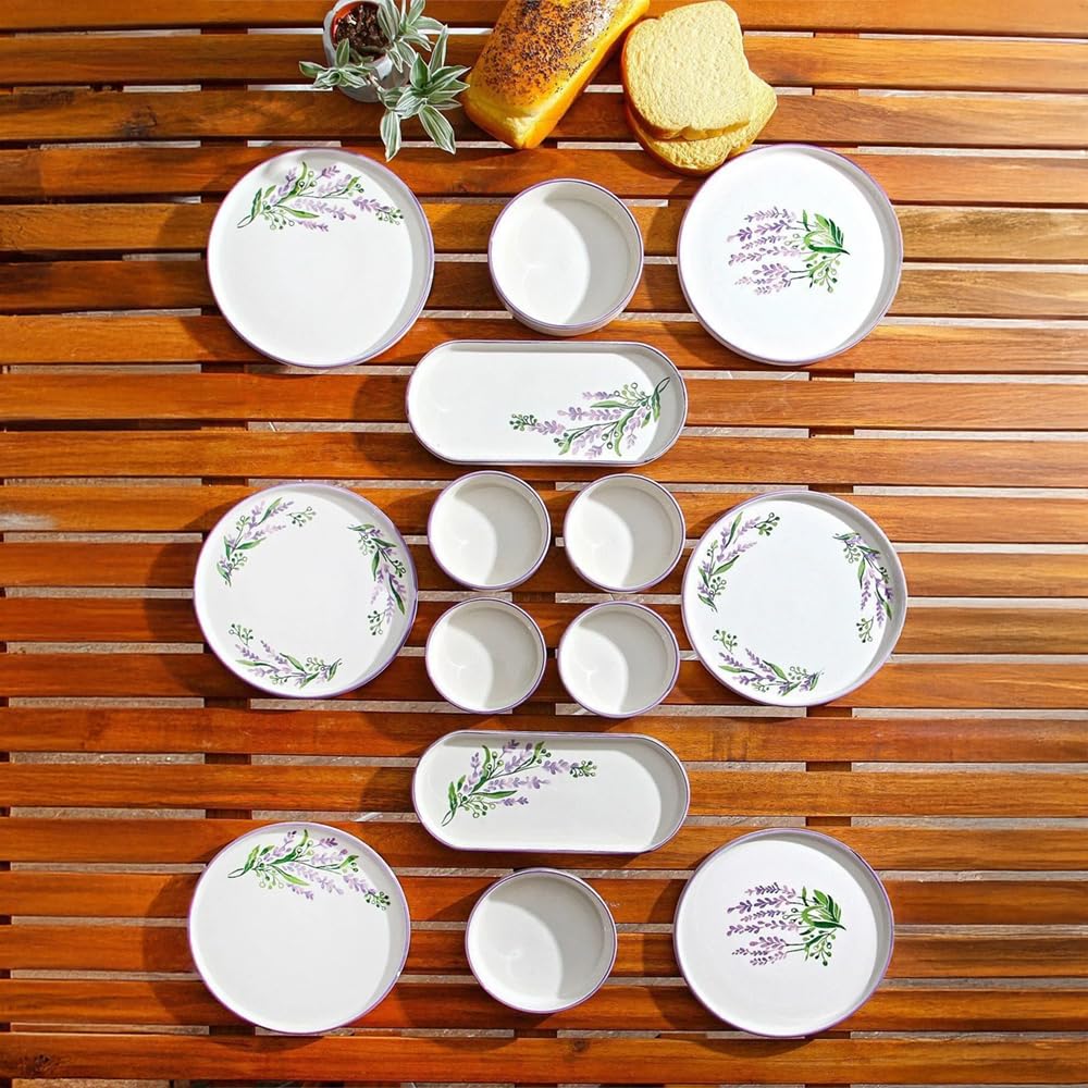 14-teiliges Frühstücksset für 6 Personen – Stackable Lavendel Serie – Handbemaltes Kütahya-Keramikgeschirr mit Servierplatten – Spülmaschinengeeignet & stapelbar