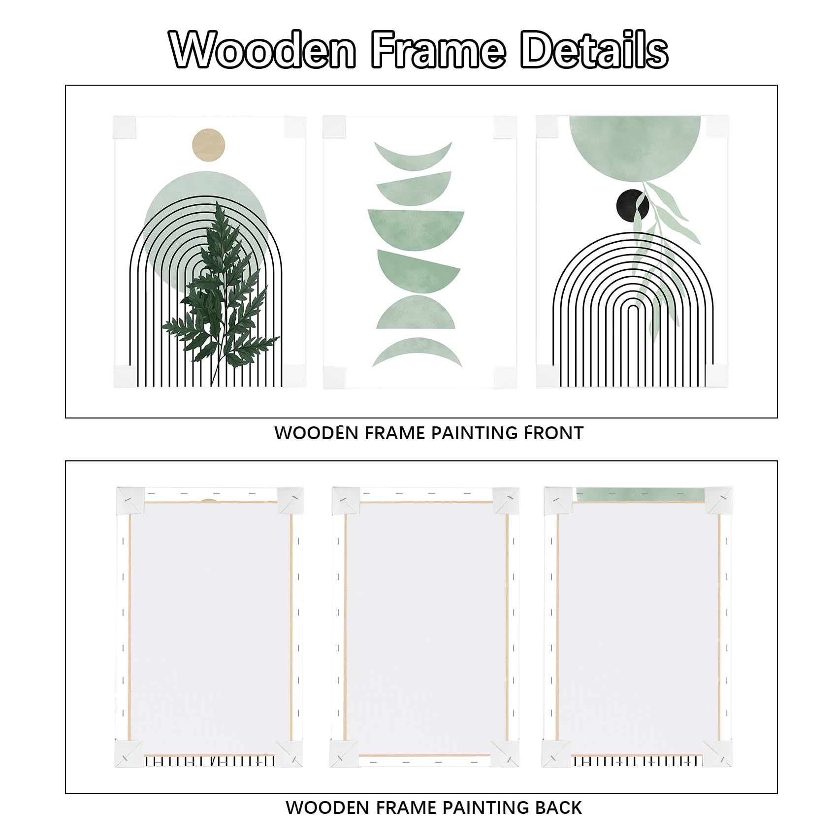 3 Pcs Wooden Framed Canvas Wall Art Set Bohemian Sage Green Canvas Prints Poster Geometric Line Beige Green Pictures for Living Room Bedroom Dinning Room Hallway Stairs Wall Decor 30x40cm x3pcs — view 184