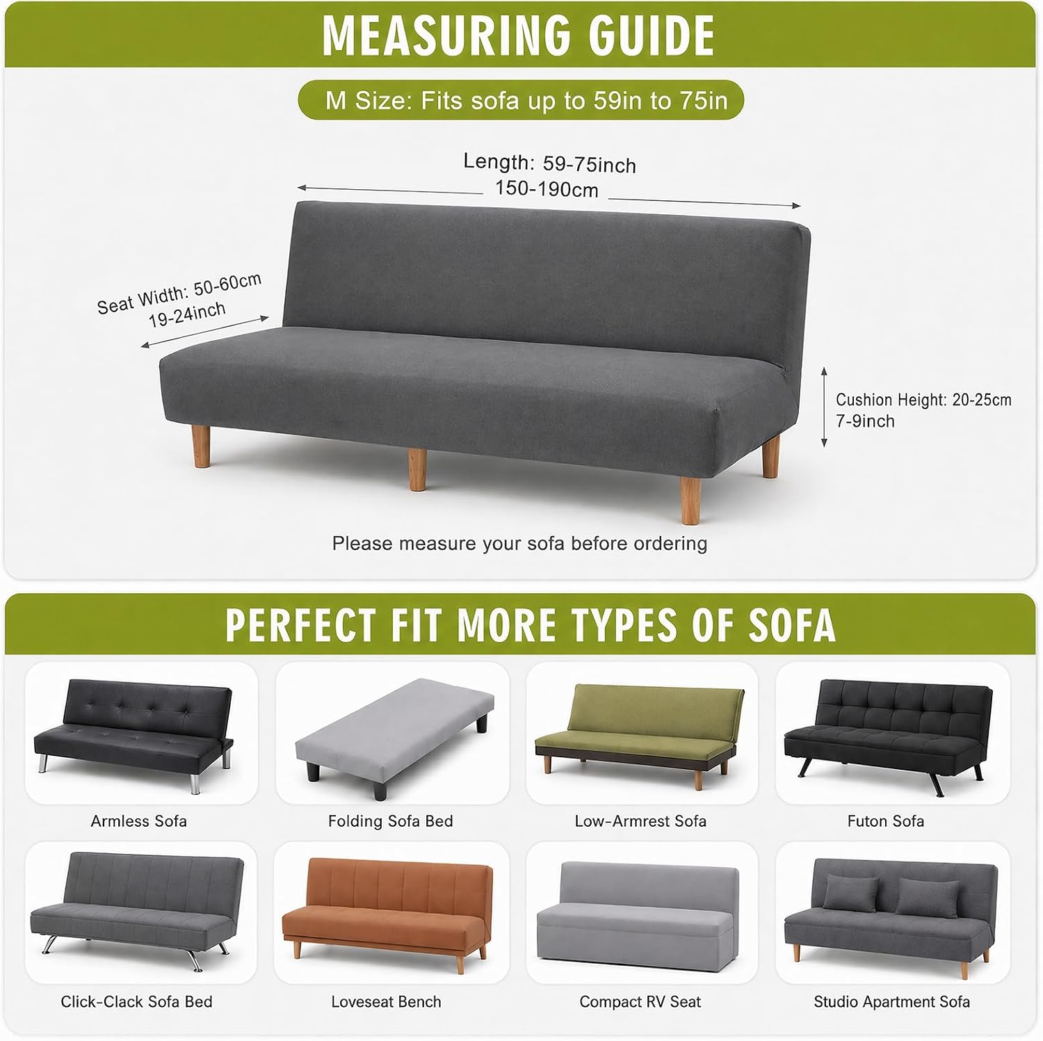 Armless Futon Cover Stretch Soft Sofa Cover with Elastic Bottom